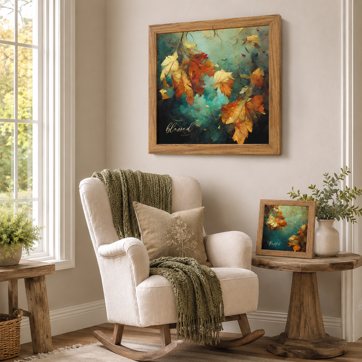 Farmhouse sitting room with Blessed fall wall art SB305 in a large farmtable frame on the wall and companion piece Thankful SB306 in a small farmtable frame on the side table — teal watercolor autumn leaves in amber and burnt orange