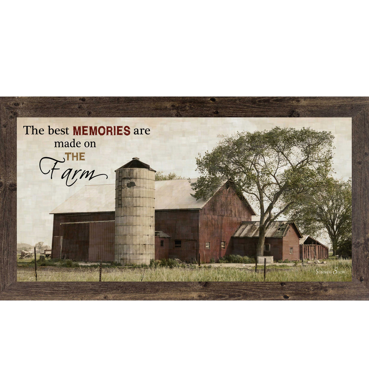 Framed farm wall art featuring a red barn with attached grain silo, greenery surrounding the farm, and the words The Best Memories Are Made on the Farm