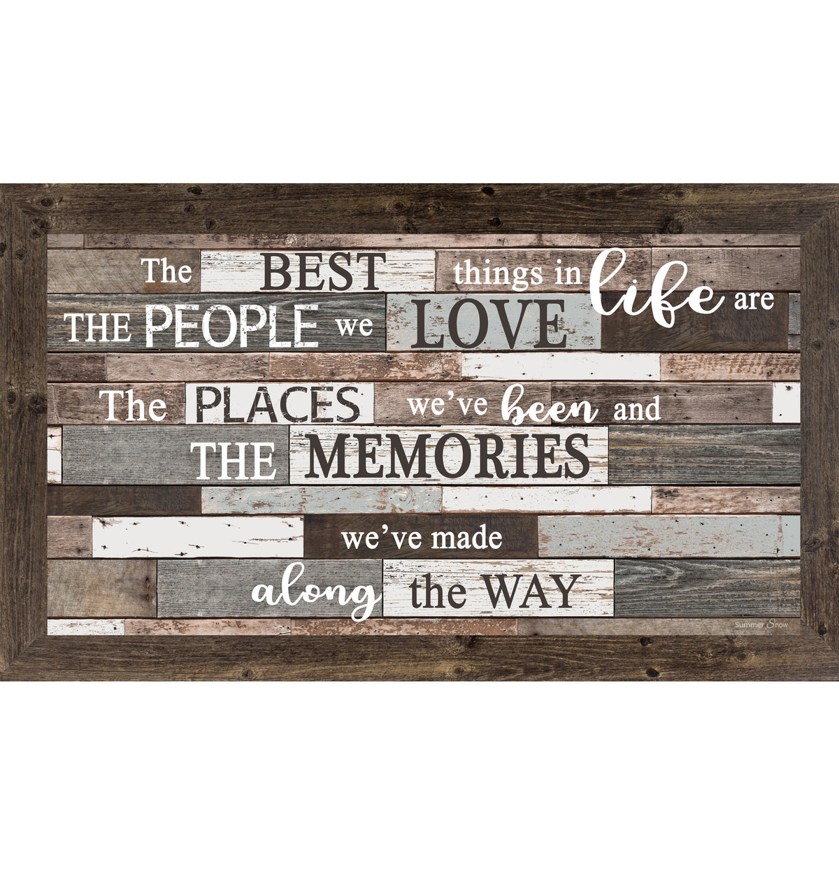 Horizontal framed wall art featuring The Best Things in Life quote on a gray wood background with floral accents, meaningful inspirational home decor