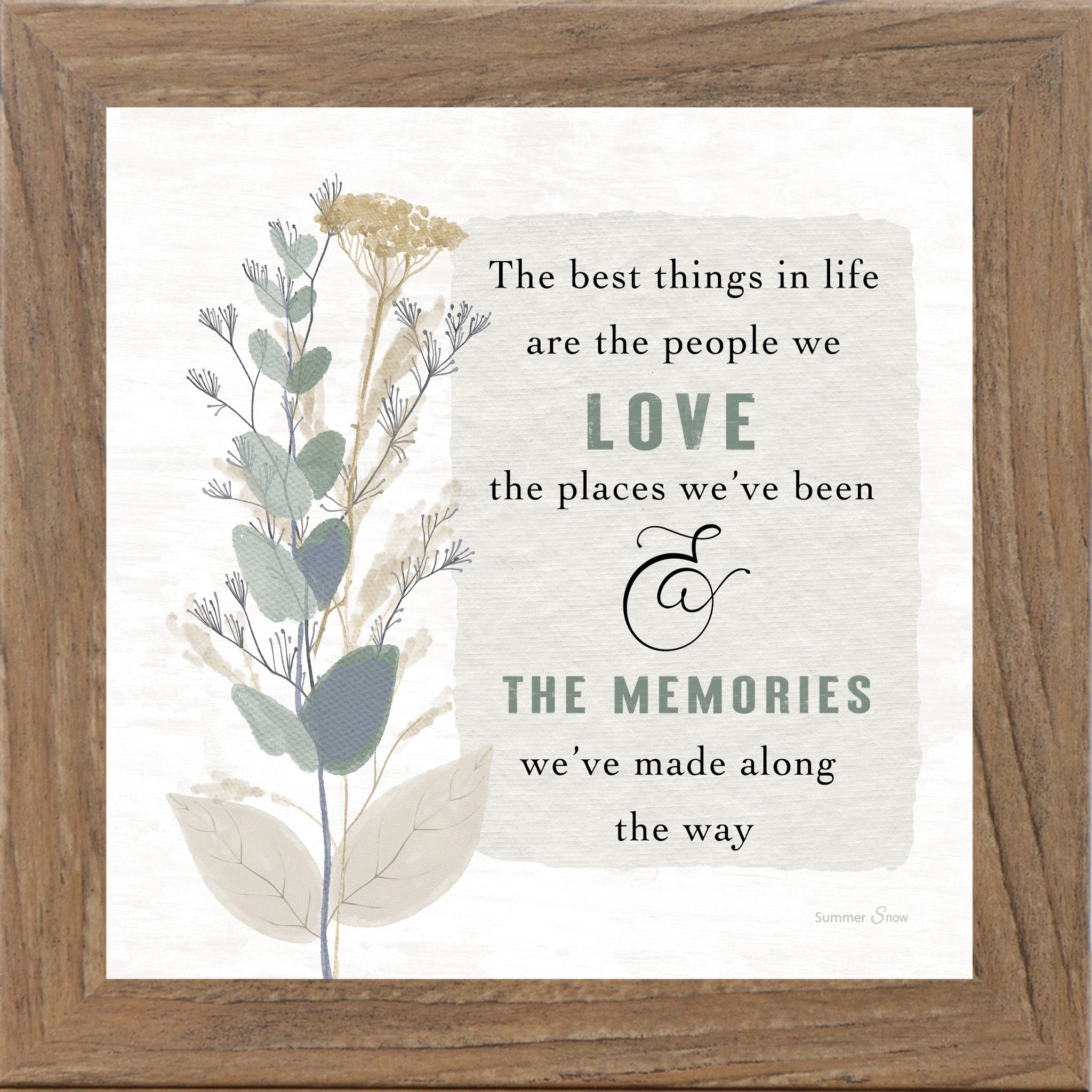 Inspirational framed wall art featuring the quote “The best things in life are the people we love, the places we’ve been, and the memories we’ve made” with teal and green florals on a neutral background