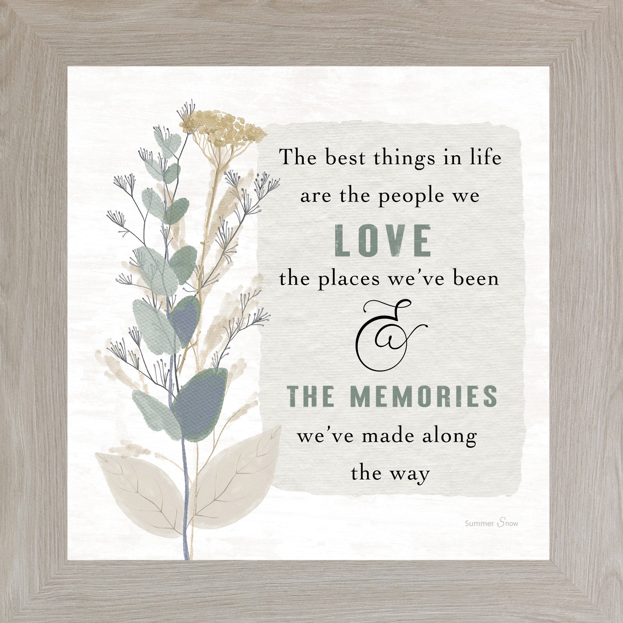 Inspirational framed wall art featuring the quote “The best things in life are the people we love, the places we’ve been, and the memories we’ve made” with teal and green florals on a neutral background