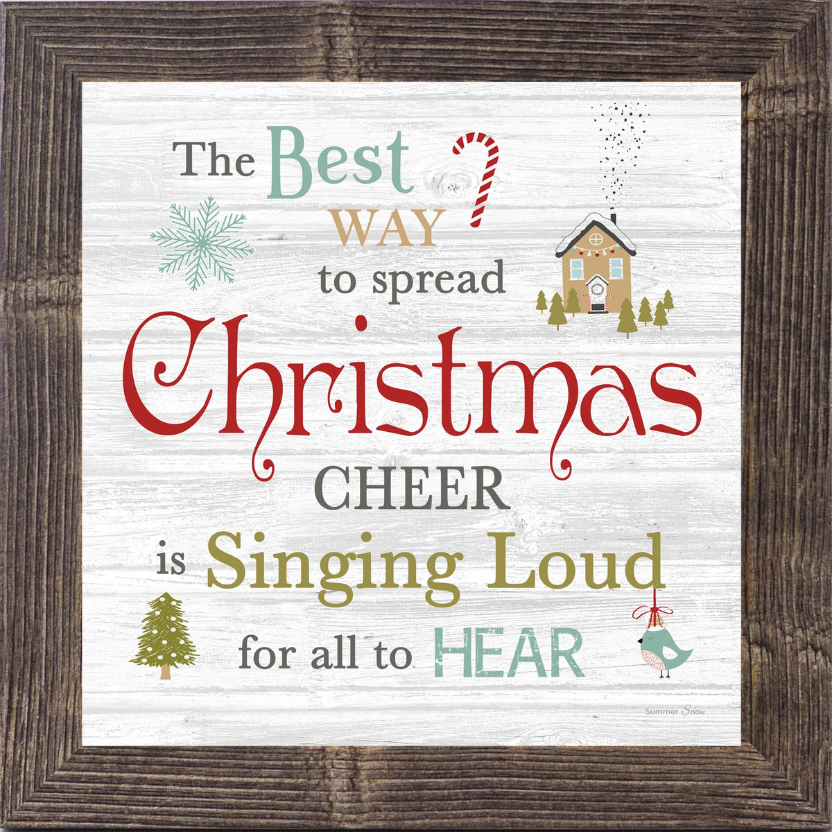 Buddy the Elf Christmas wall art with the quote “The best way to spread Christmas cheer is singing loud for all to hear” on a white slatted wood background