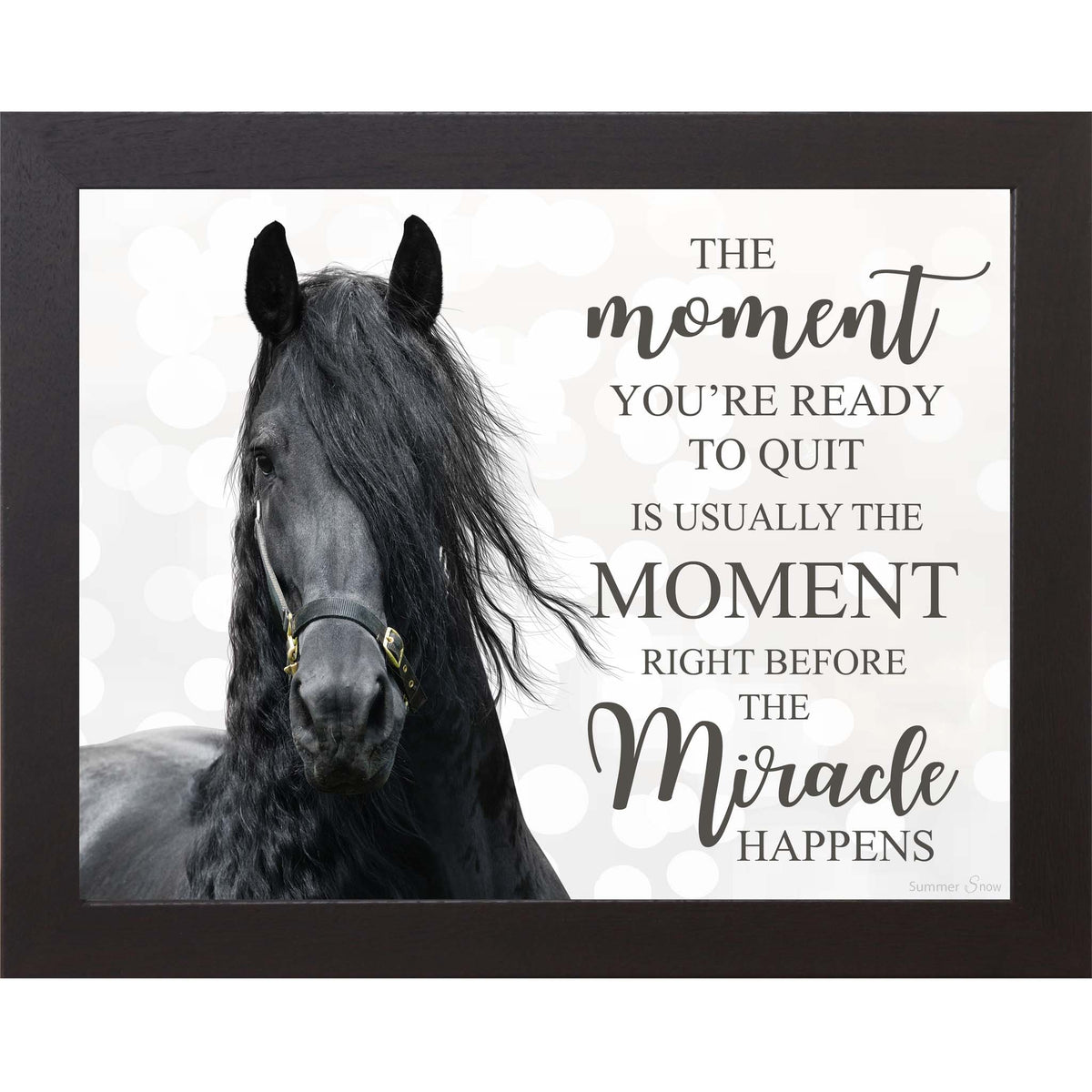 Inspirational black horse wall art with the quote “The moment you’re ready to quit is usually the moment right before the miracle happens” in a framed, neutral-toned design