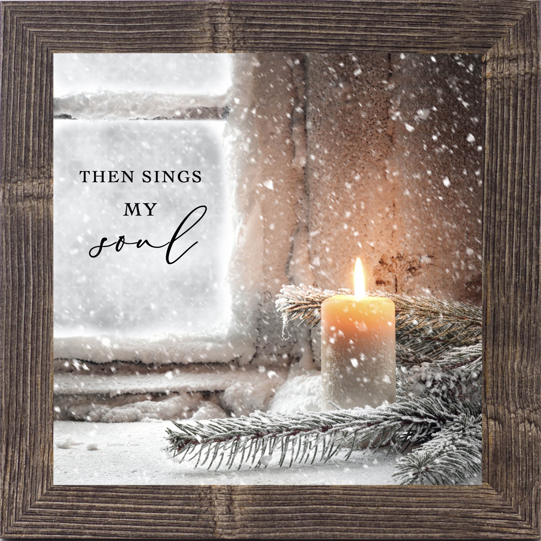 Christian winter wall art with a candle and falling snow, featuring the words “Then Sings My Soul” written on a frosted window