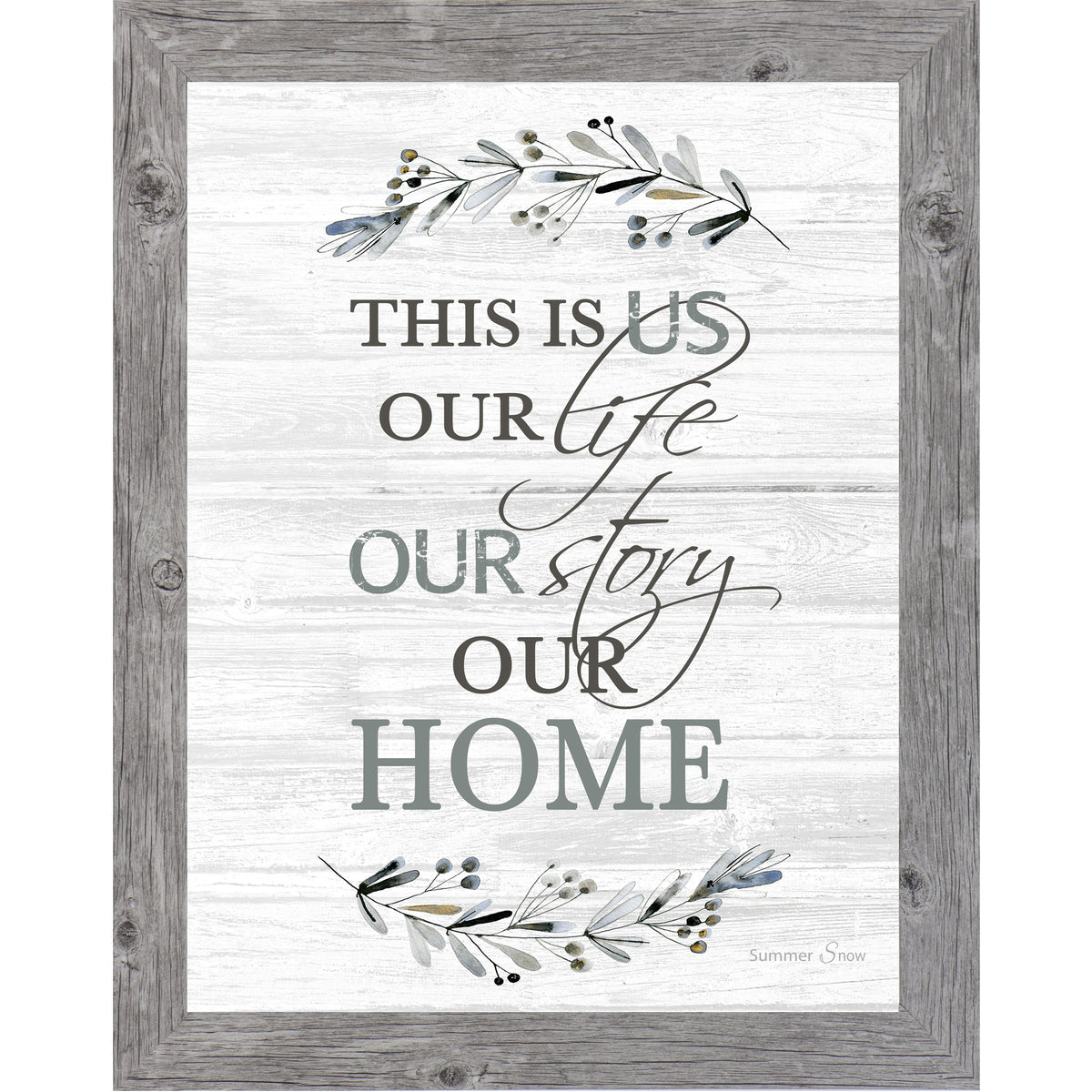 Vertical farmhouse wall art featuring the quote “This Is Us Our Life Our Story Our Home” on a neutral whitewashed wood background with soft blue and gray floral accents