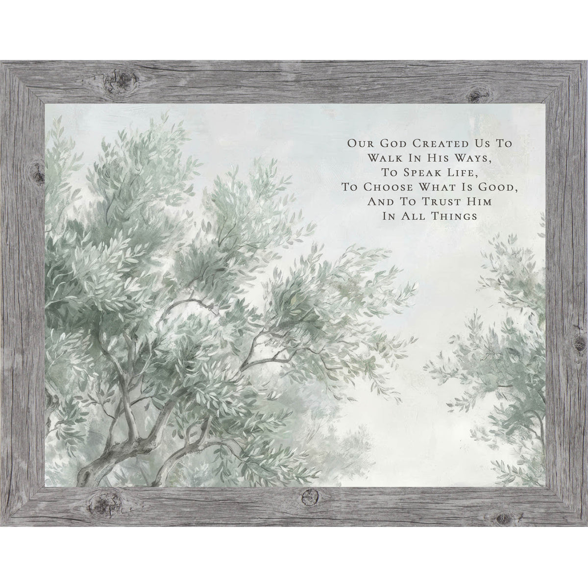 Christian wall art with trees reaching toward the sky and a faith-based message about trusting God.