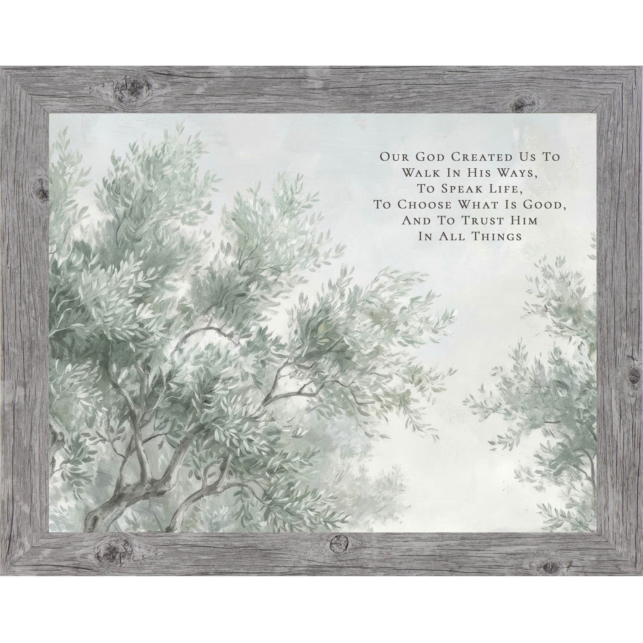 Christian wall art with trees reaching toward the sky and a faith-based message about trusting God.