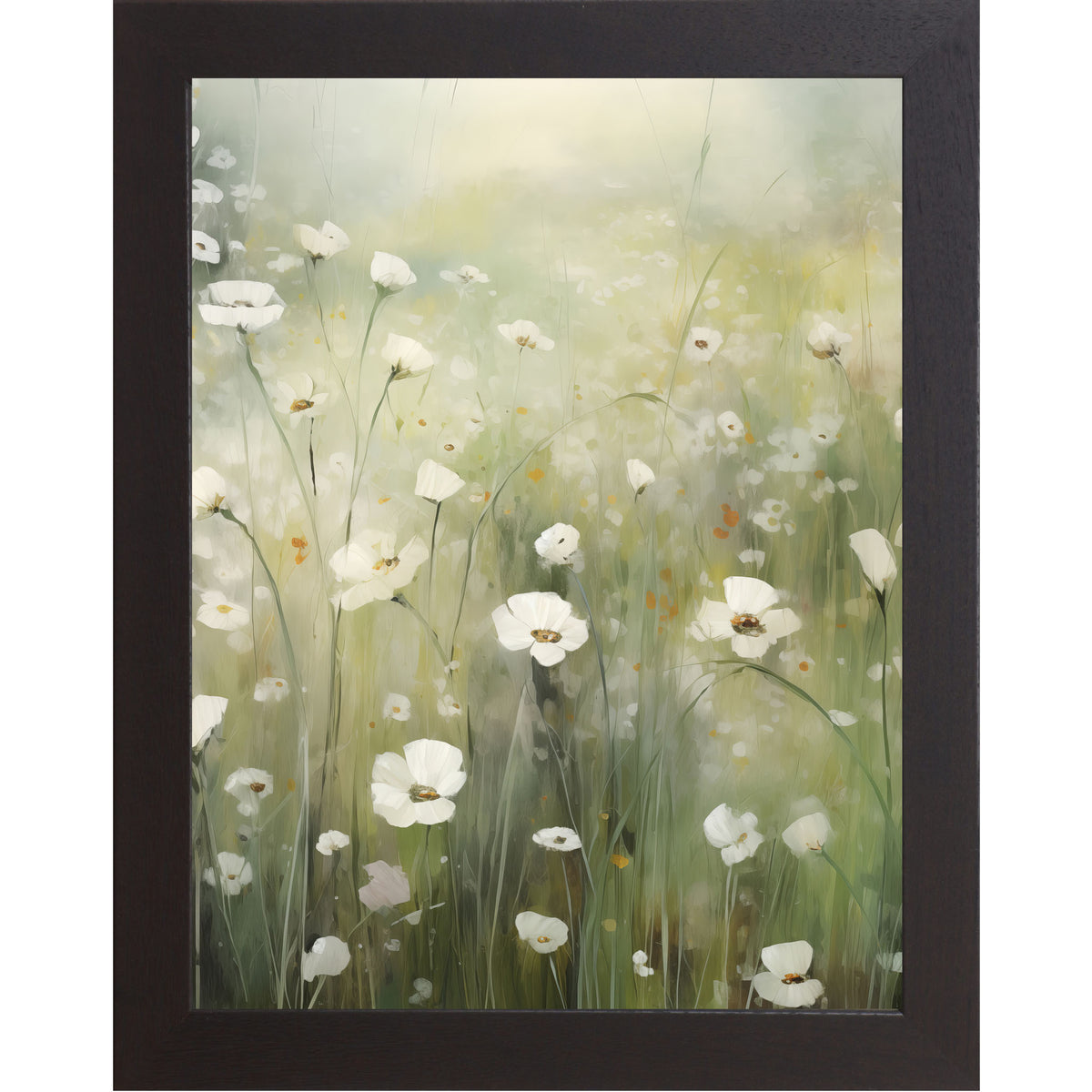 Soft watercolor spring floral wall art featuring white daisy-like blooms rising from tall green grass in a dreamy, painterly meadow scene