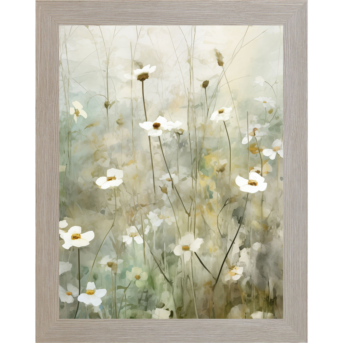 Watercolor spring floral wall art with soft white blooms on tall stems in a dreamy pastel meadow scene