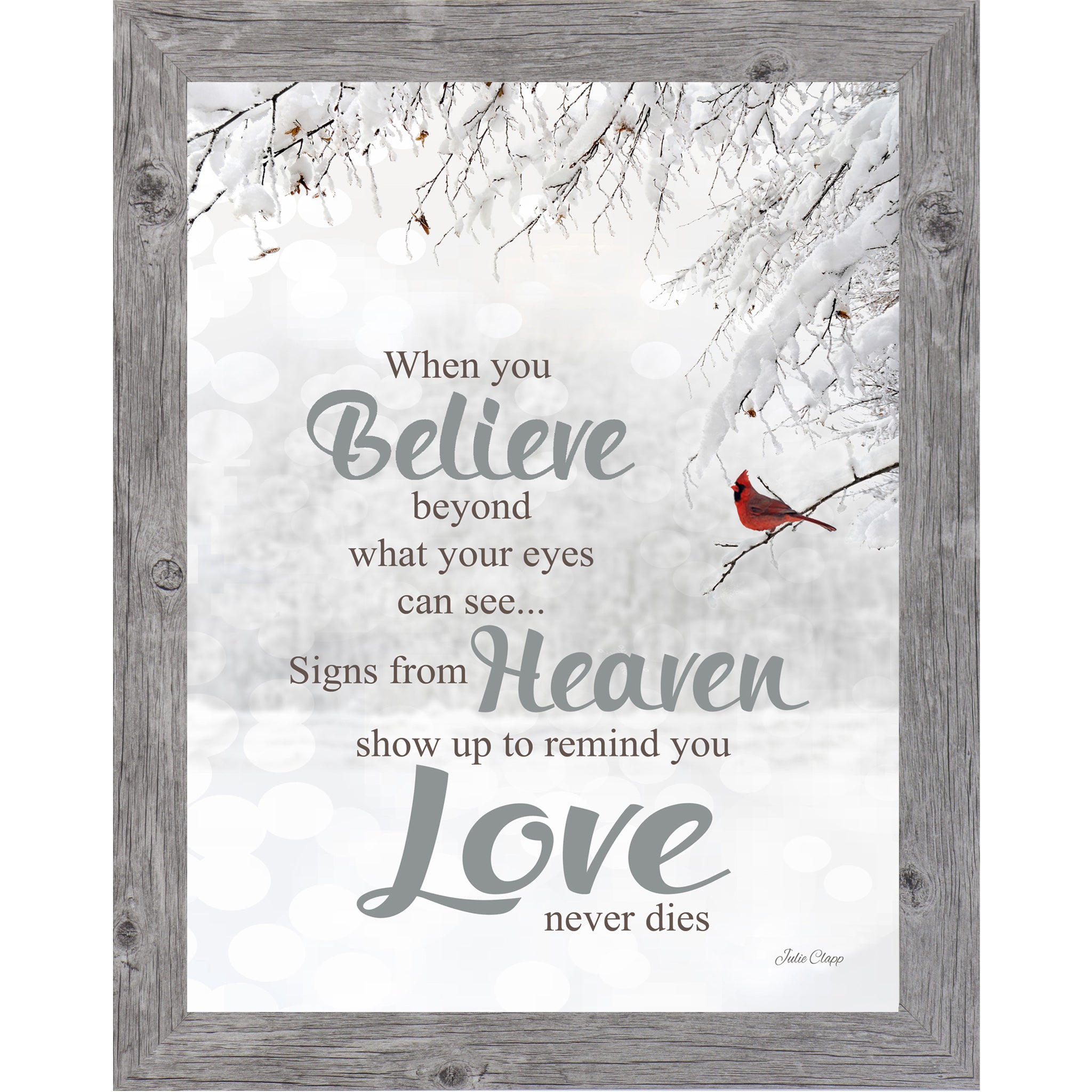 Vertical framed wall art featuring a red cardinal on a winter branch with the words When You Believe on a soft neutral background