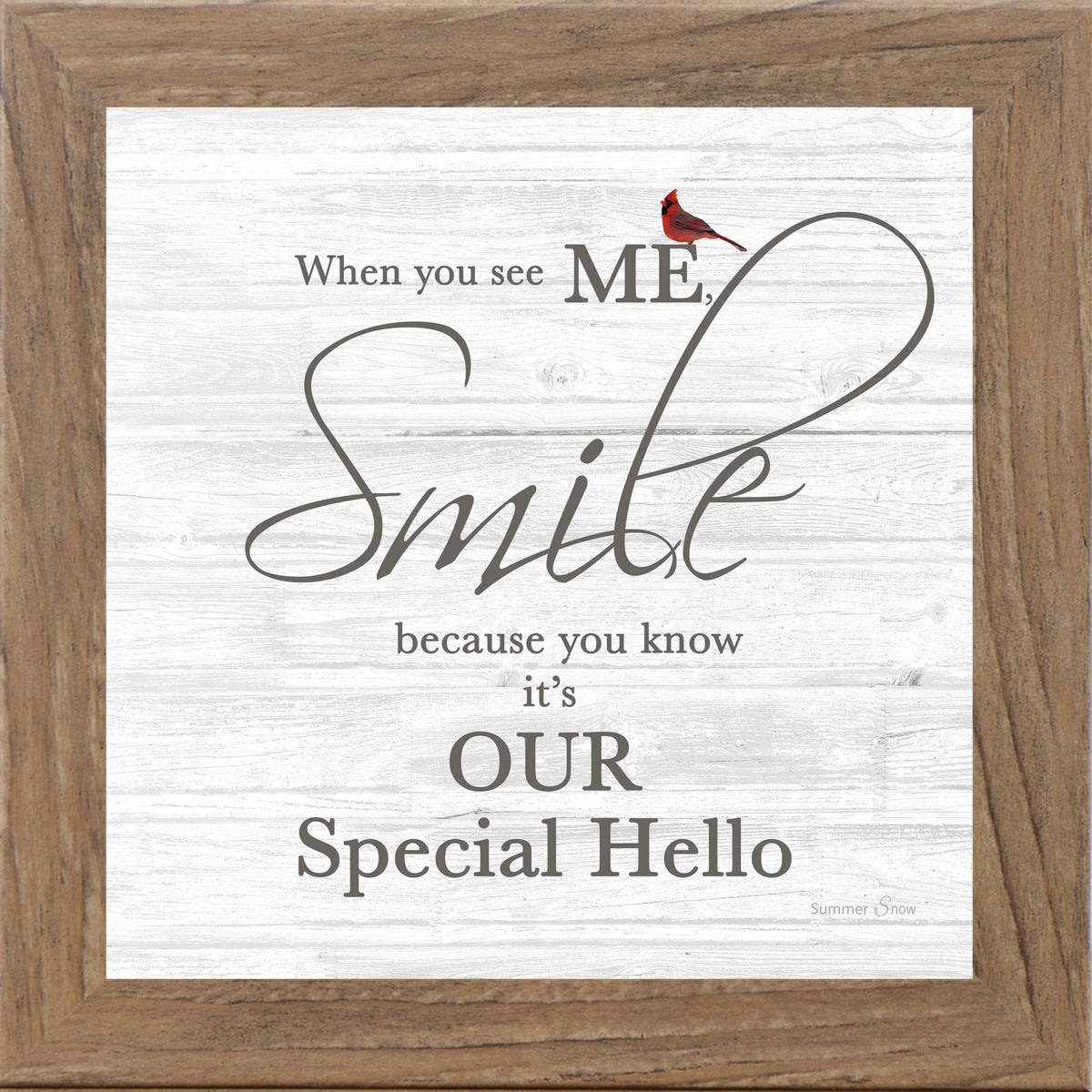 Framed cardinal sympathy wall art on a white slatted background featuring a red cardinal perched on the word ME with a remembrance quote