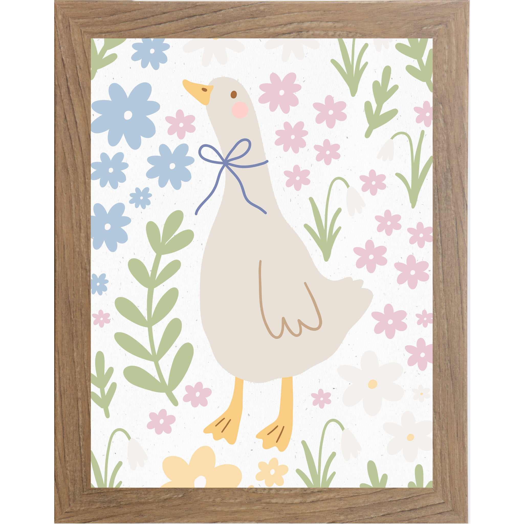 Framed pastel wall art featuring a whimsical duck with a blue bow, surrounded by soft floral illustrations in pink, blue, green, and yellow tones