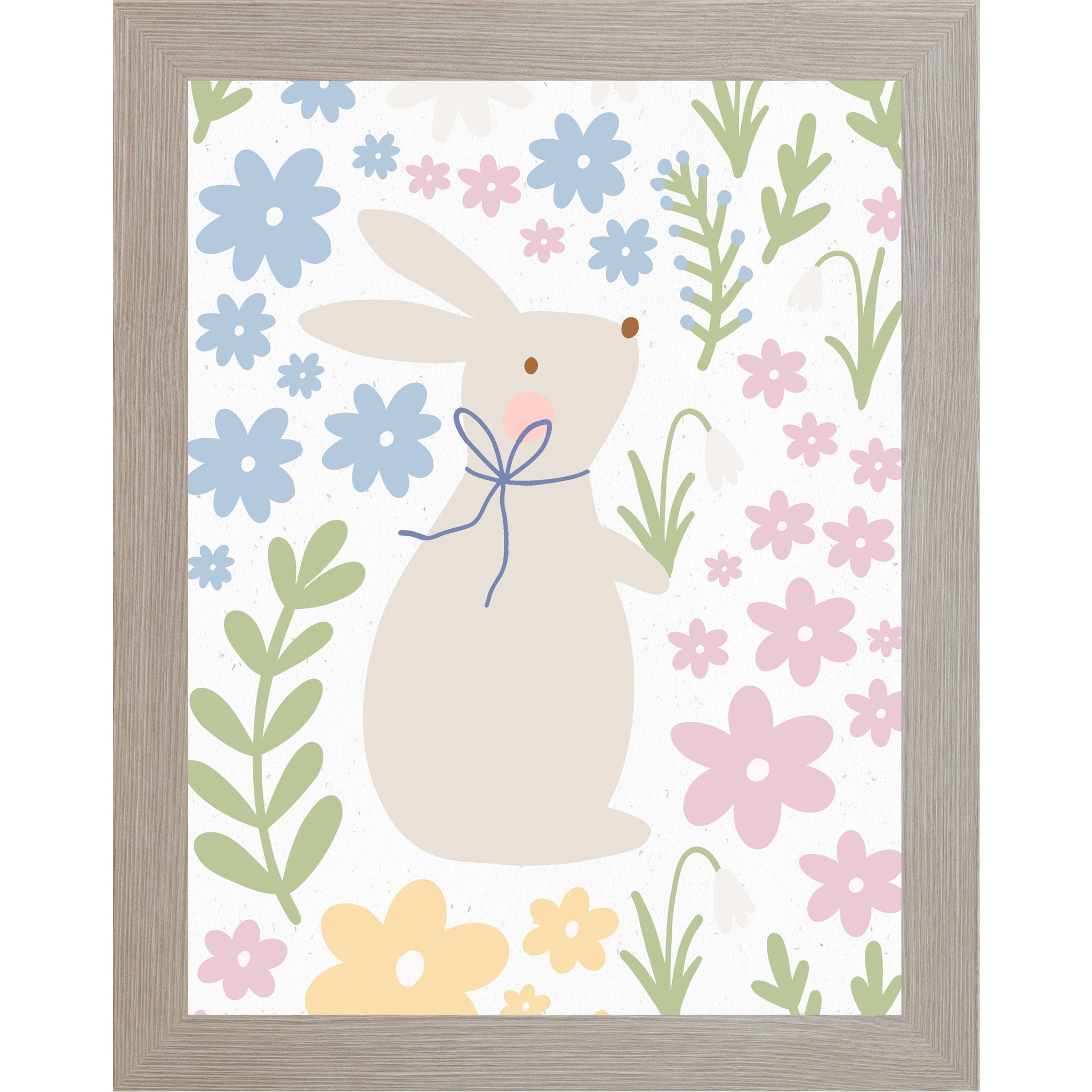 Framed spring wall art featuring a whimsical bunny surrounded by pastel florals in soft pink, green, yellow, and blue tones
