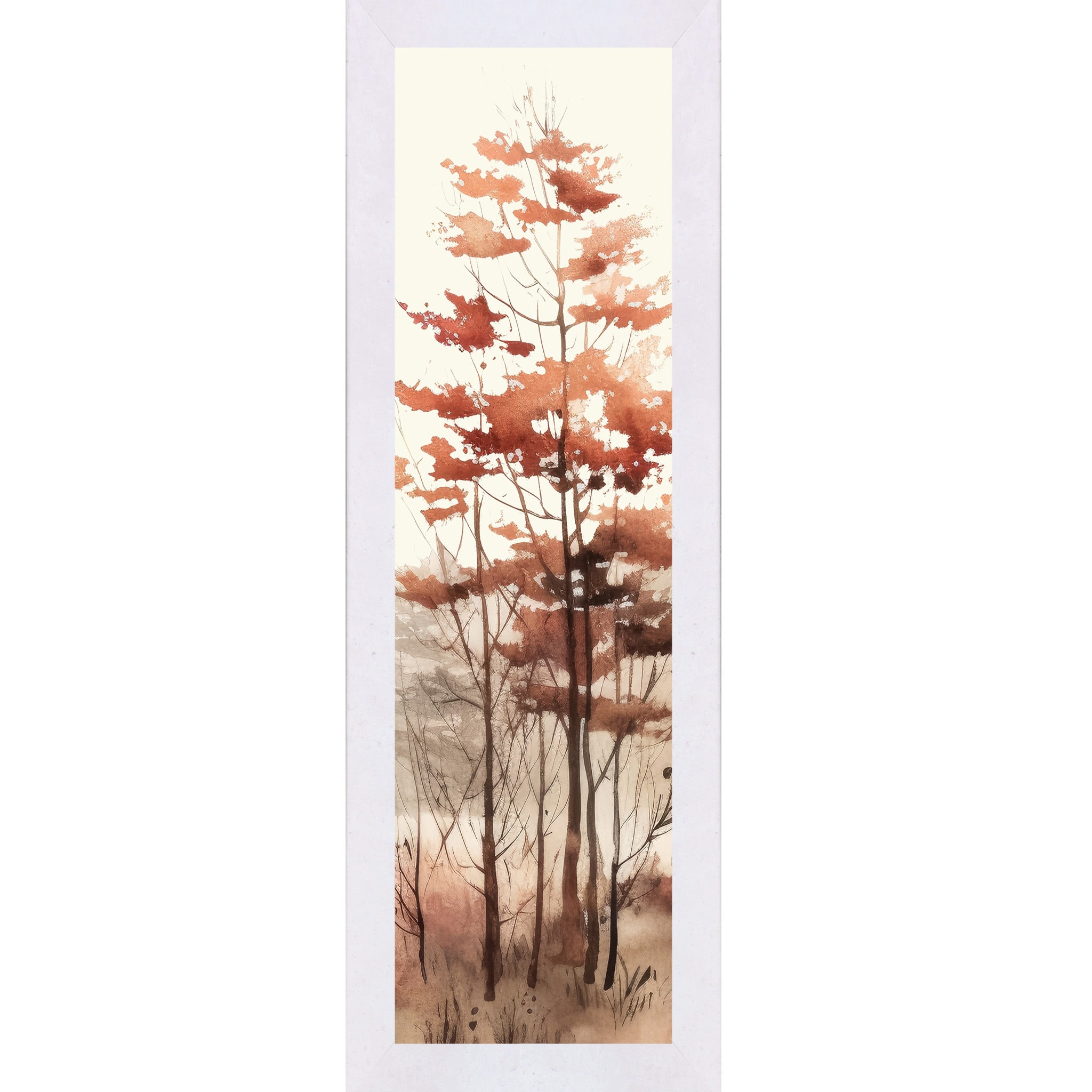 Terracotta White framed narrow portrait fall wall art featuring a cluster of tall autumn trees with russet and burnt orange foliage and bare branches in layered misty watercolor style