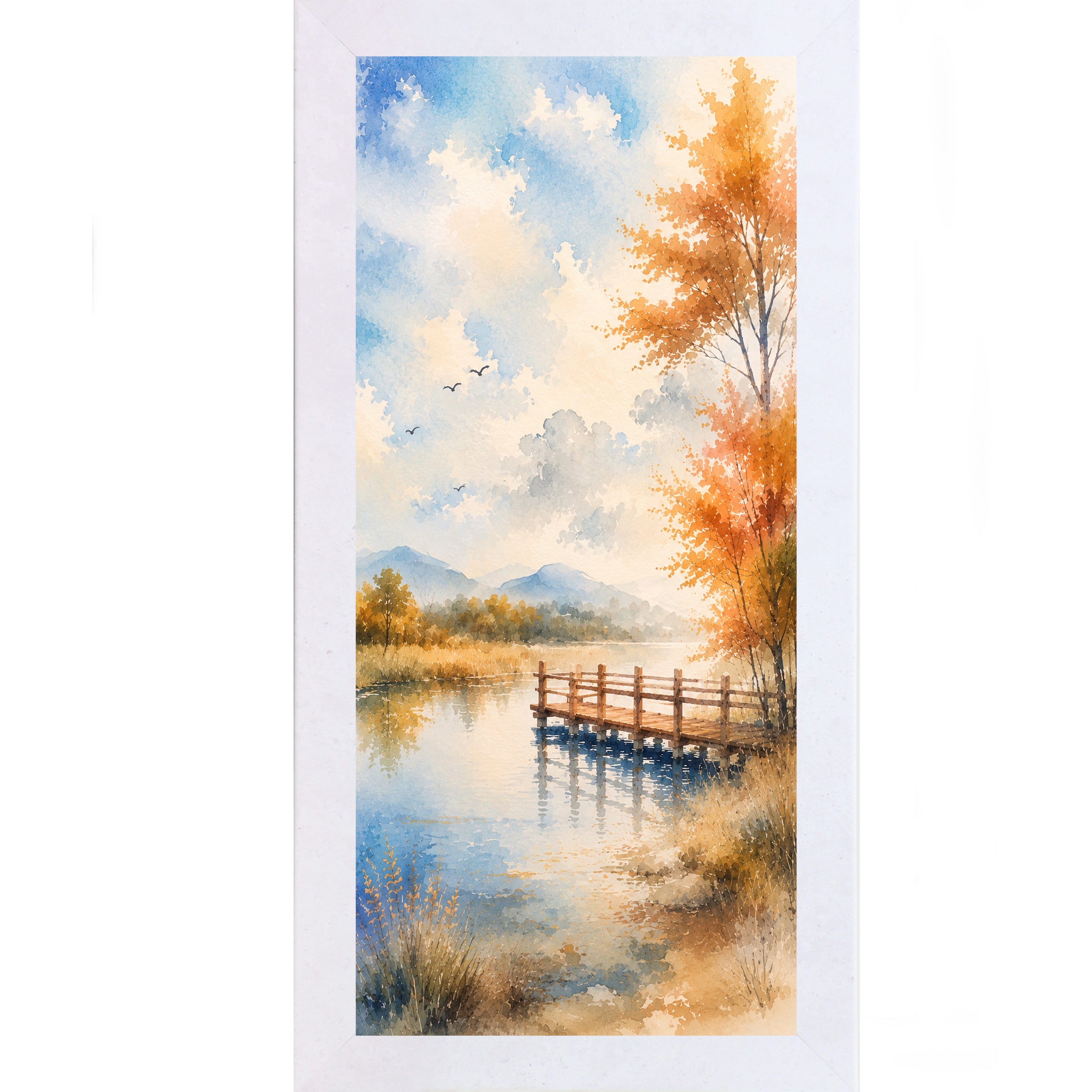 Terracotta White framed tall portrait scenic wall art featuring a watercolor autumn pier over still lake water with golden autumn tree birds in sky and misty mountains