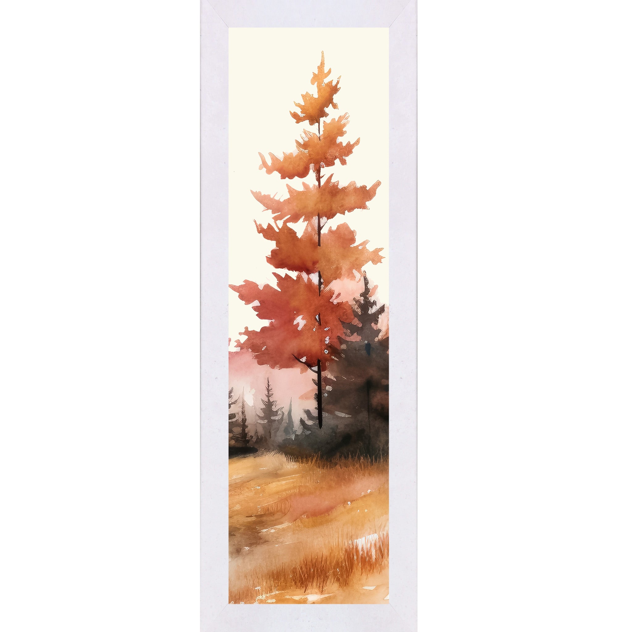 Terracotta White framed narrow portrait fall wall art featuring a single bold pine tree in deep autumn orange and crimson watercolor style with dark misty forest and golden field