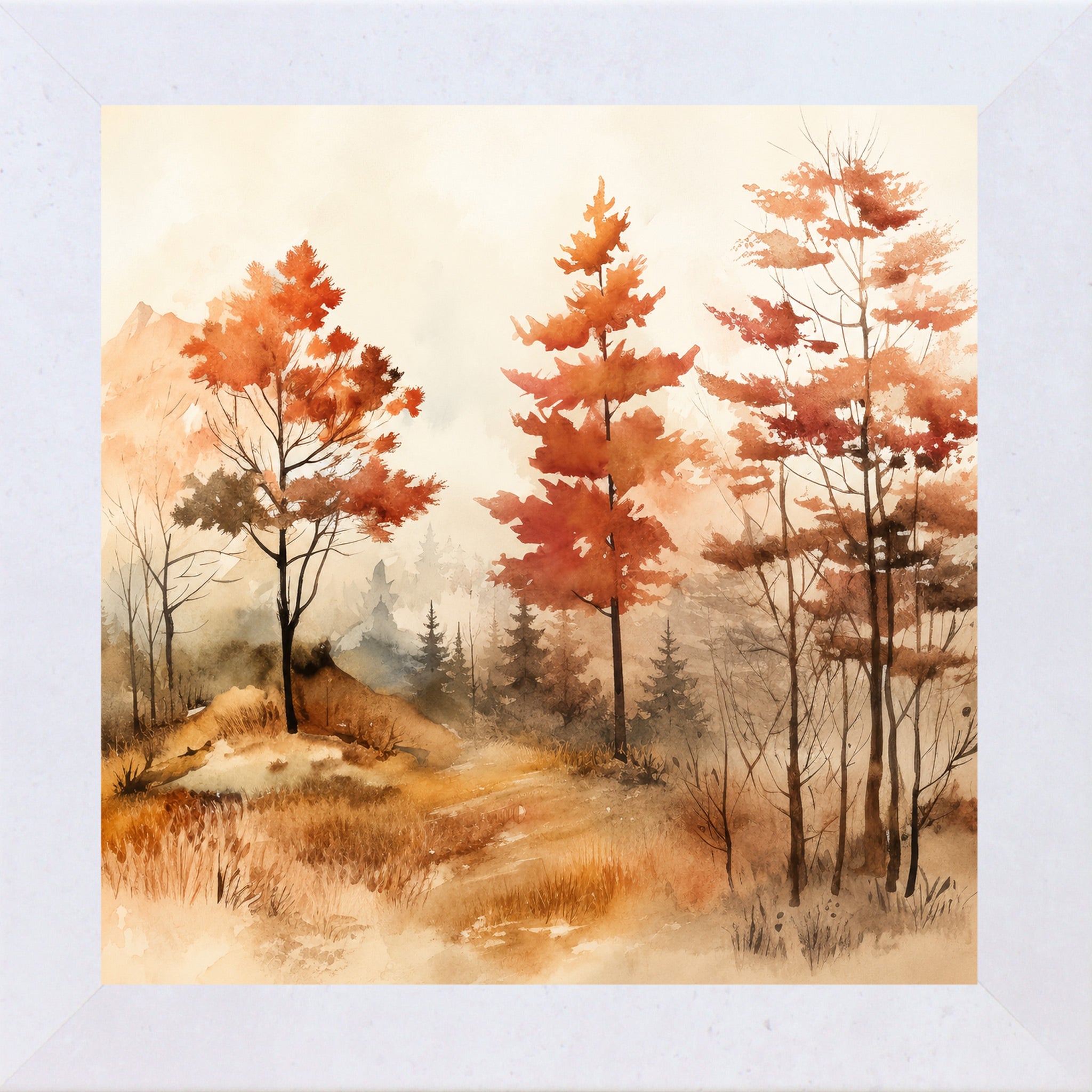 Terracotta White framed square fall wall art featuring three autumn trees in watercolor landscape with burnt orange foliage misty mountains and golden grasses