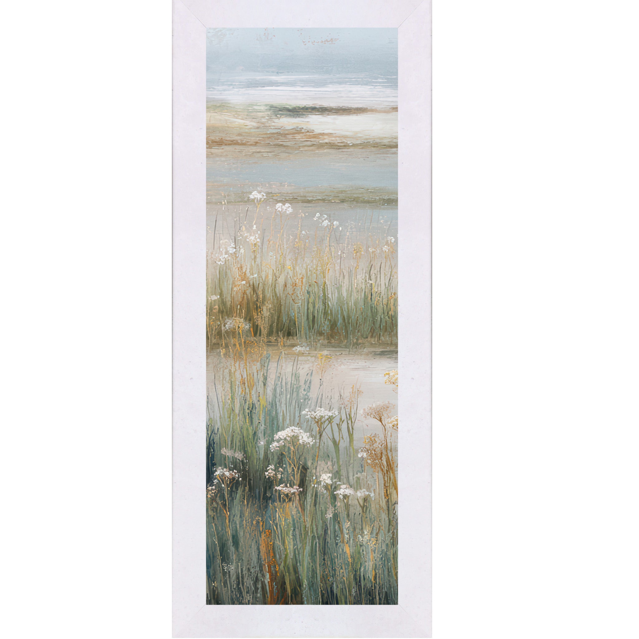Terracotta white framed narrow portrait coastal marsh wall art with dense teal marsh grasses white Queen Anne's Lace wildflowers and misty tidal flat — left panel of coastal triptych