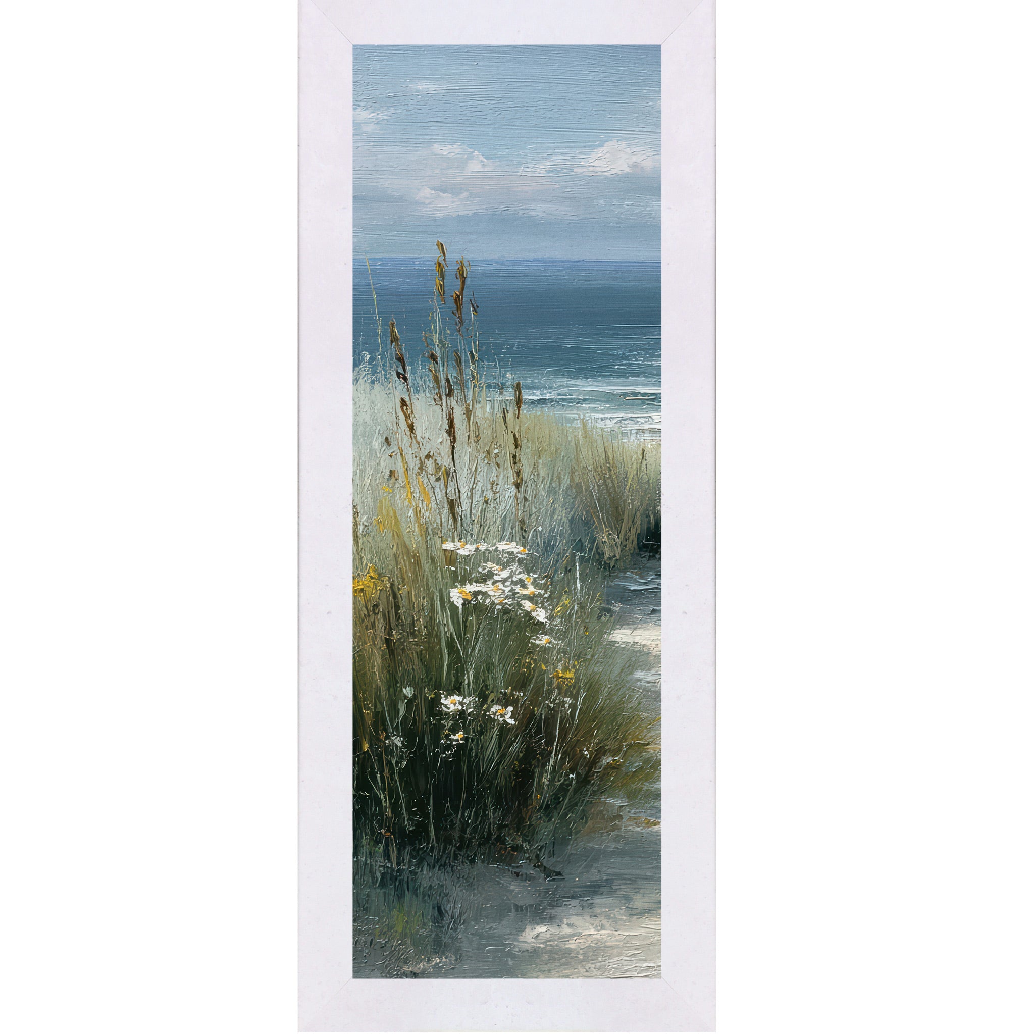 Terracotta White framed narrow portrait coastal path left panel wall art featuring tall golden cattails and sea grasses with white daisies and yellow wildflowers and deep teal ocean in the distance. Available up to 10x26" In White