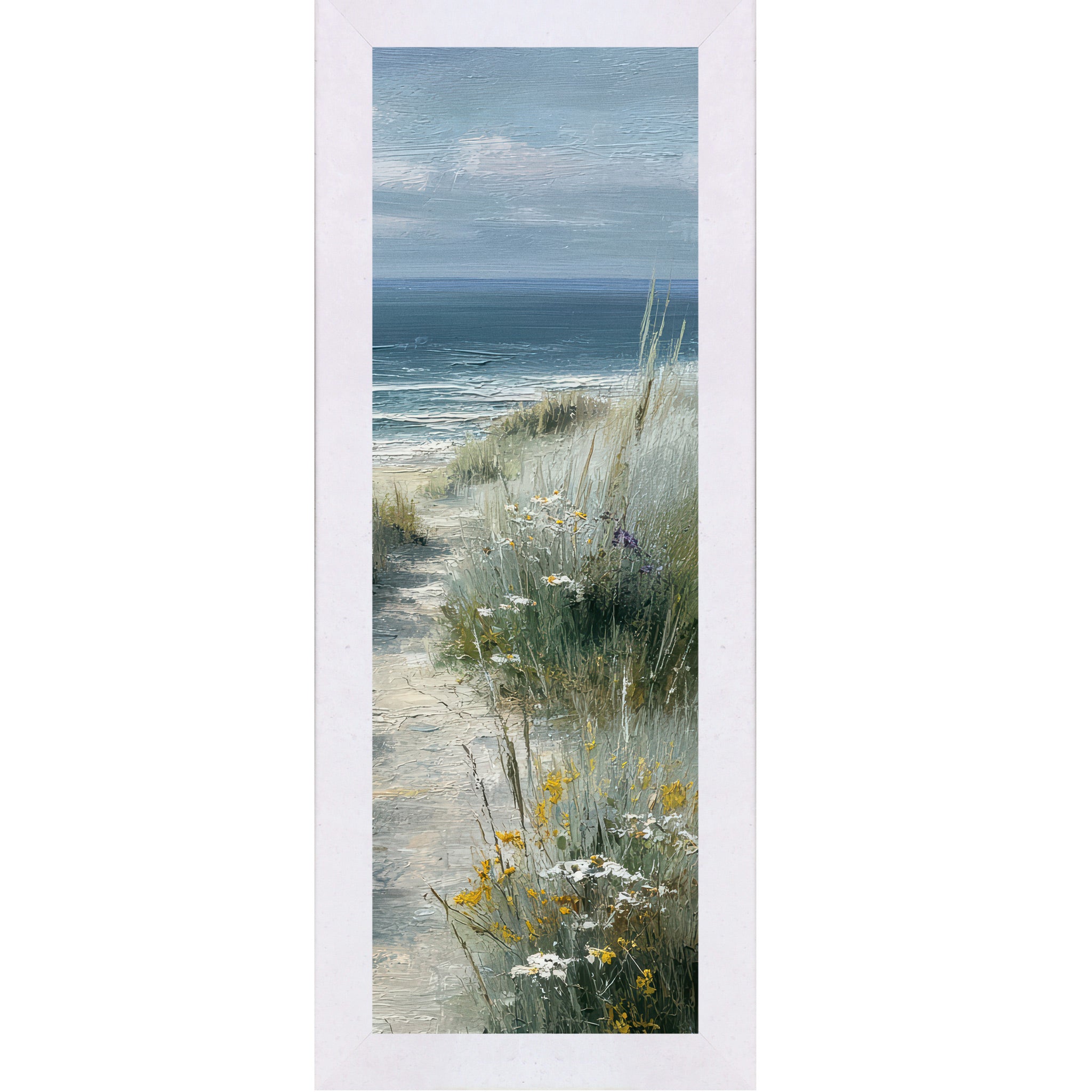 Terracotta White framed narrow portrait coastal path right panel wall art featuring a sandy beach path curving right through sea grasses with yellow wildflowers and calm teal ocean under a bright sky. Available Up To 10x26" In Terracotta White.