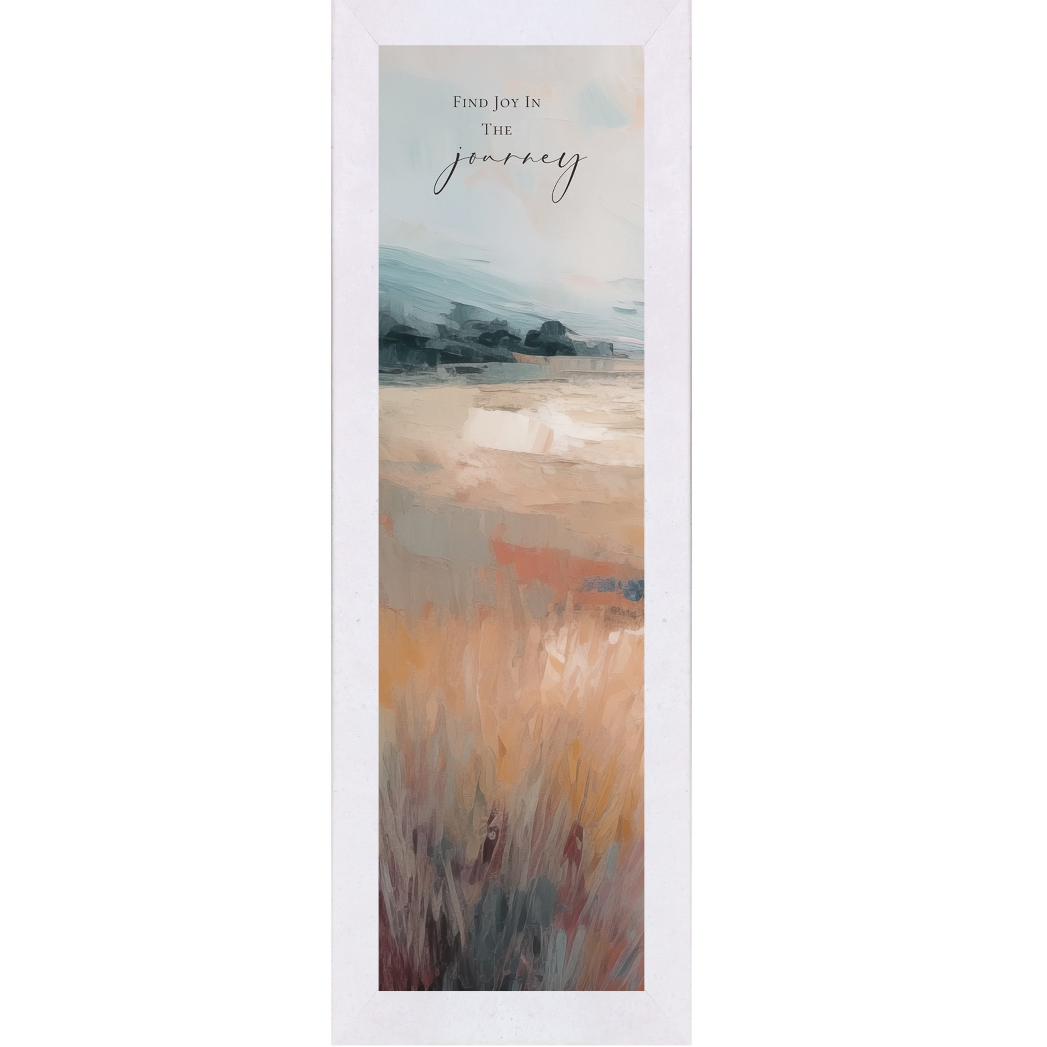 Terracotta White framed narrow portrait inspirational wall art with Find Joy In The Journey quote over a terracotta abstract landscape with soft blue-grey sky and warm amber field with burgundy foreground grasses