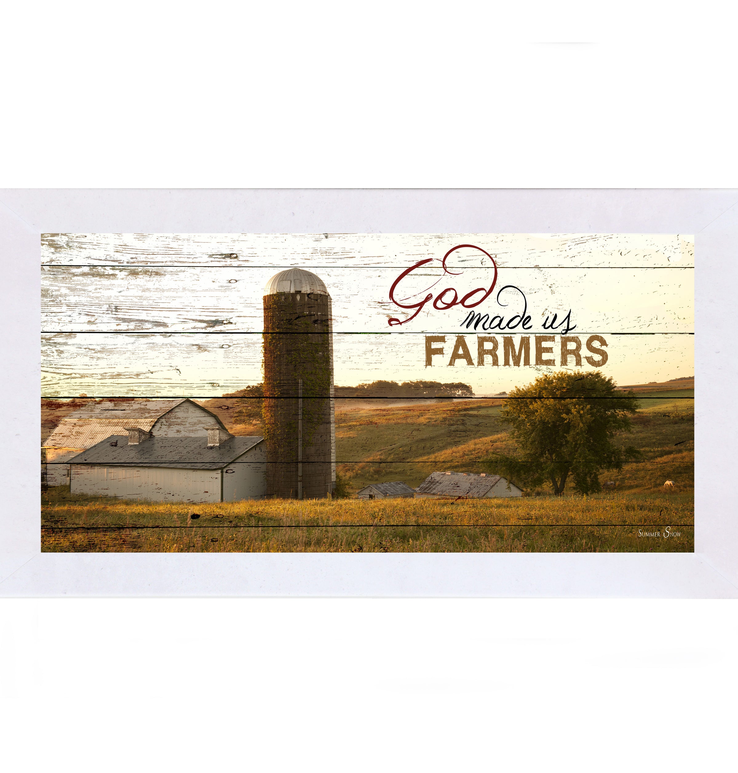 Terracotta White framed wide panoramic farmhouse wall art featuring a white barn and silo on rolling golden hills with pallet wood background and the words God Made Us Farmers