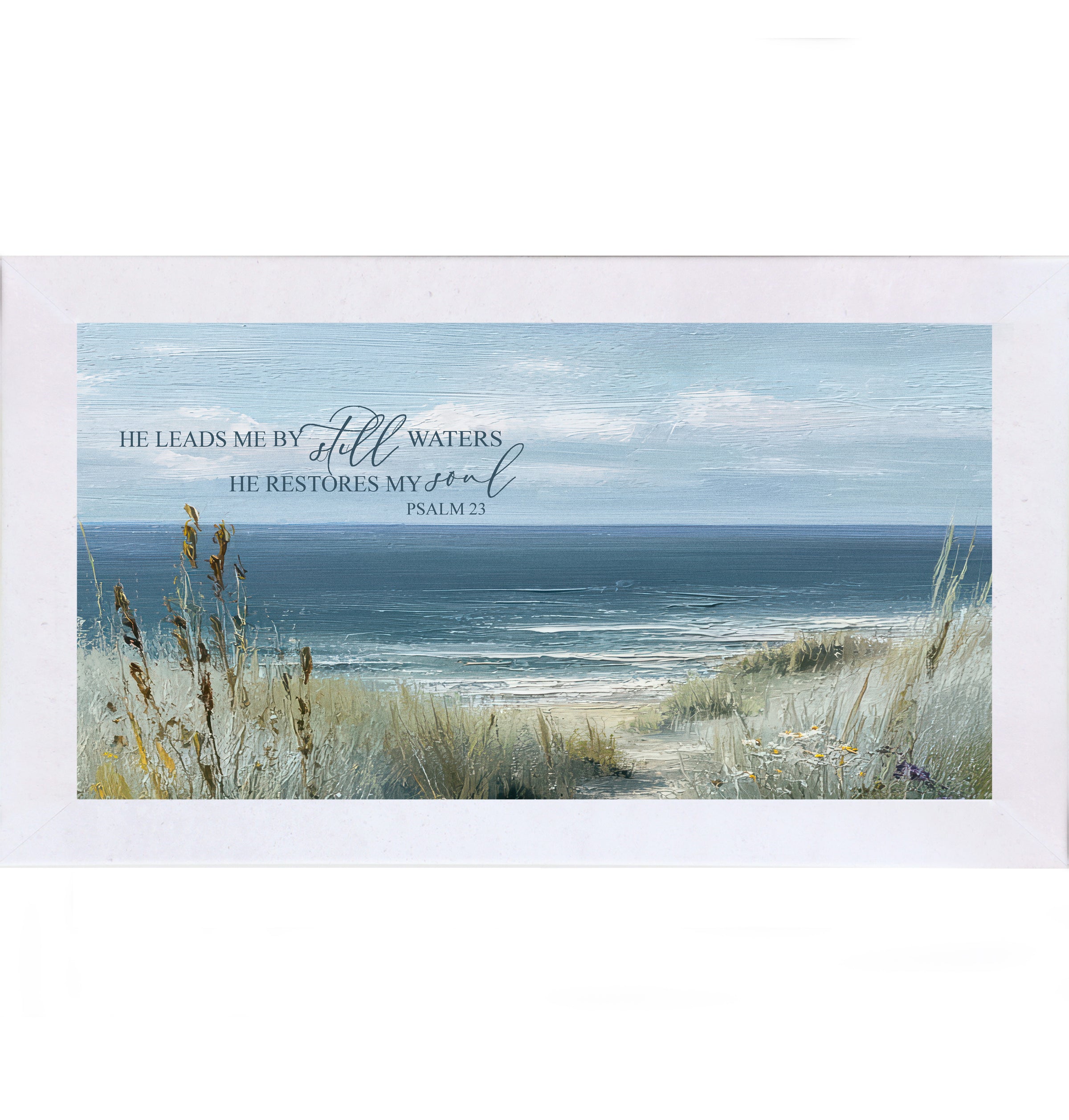 Terracotta White framed wide landscape Christian coastal wall art featuring a sandy beach path through golden cattails and sea grasses to the teal ocean with the scripture He Leads Me By Still Waters He Restores My Soul Psalm 23. Available up to 26x14" in Terracotta White