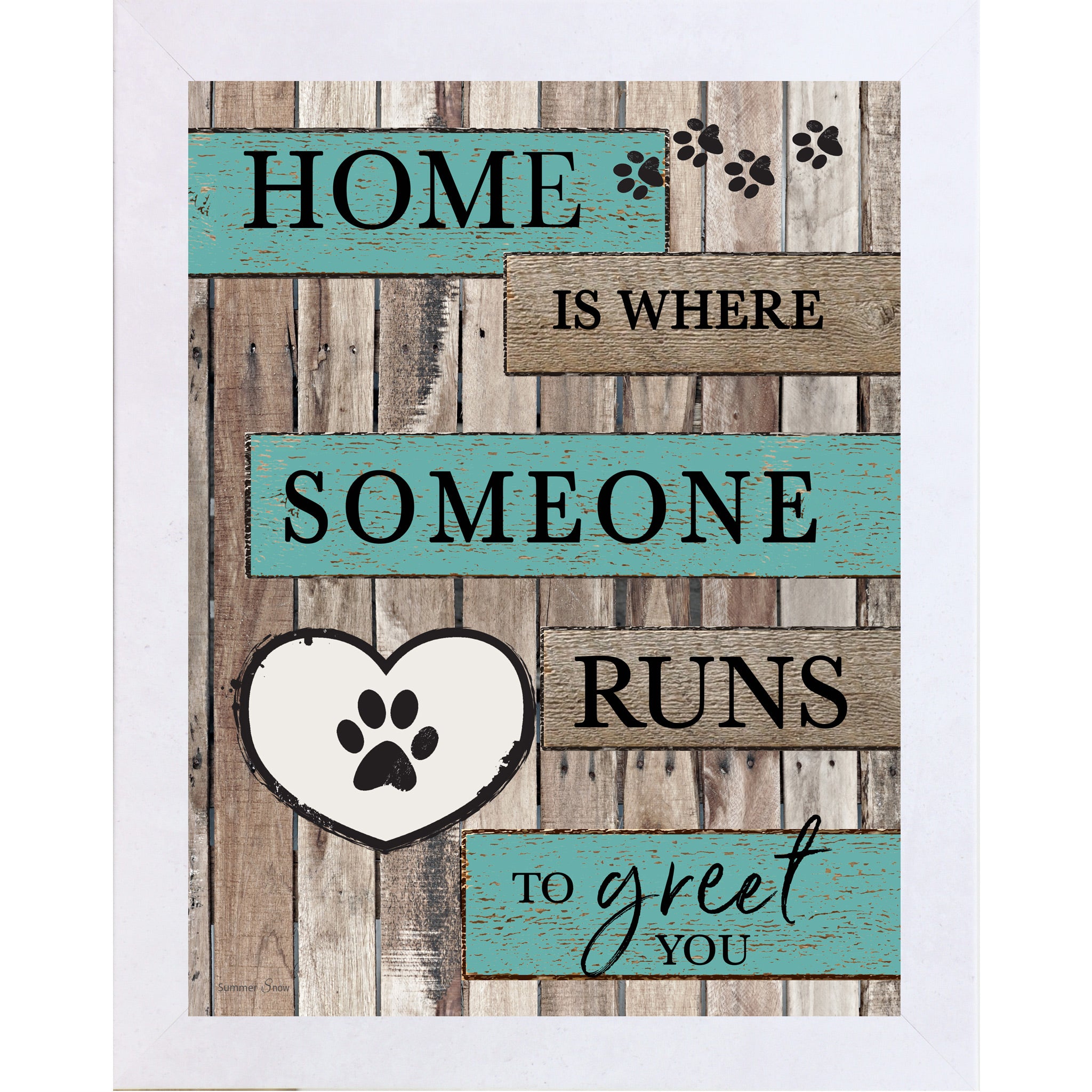 Terracotta white framed portrait rustic pallet wood pet wall art with turquoise and wood plank banners reading Home Is Where Someone Runs to Greet You with a white paw print heart icon