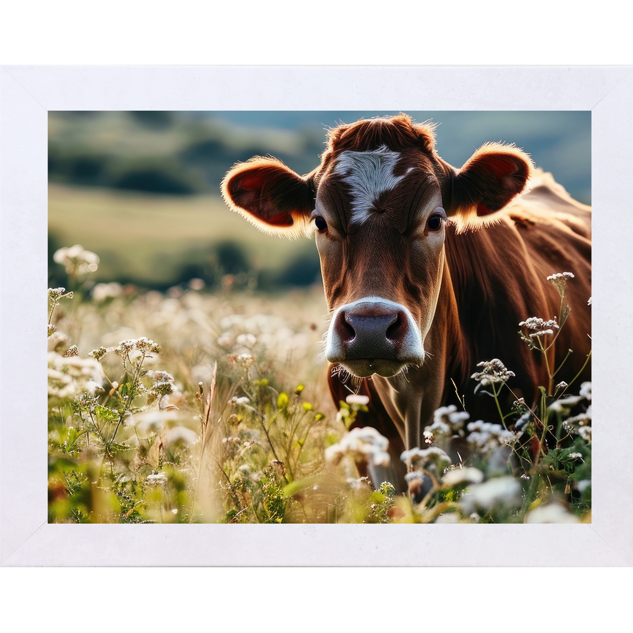 Terracotta White framed horizontal farmhouse wall art featuring a close-up Jersey cow surrounded by white wildflowers in a sunny meadow with rolling green hills