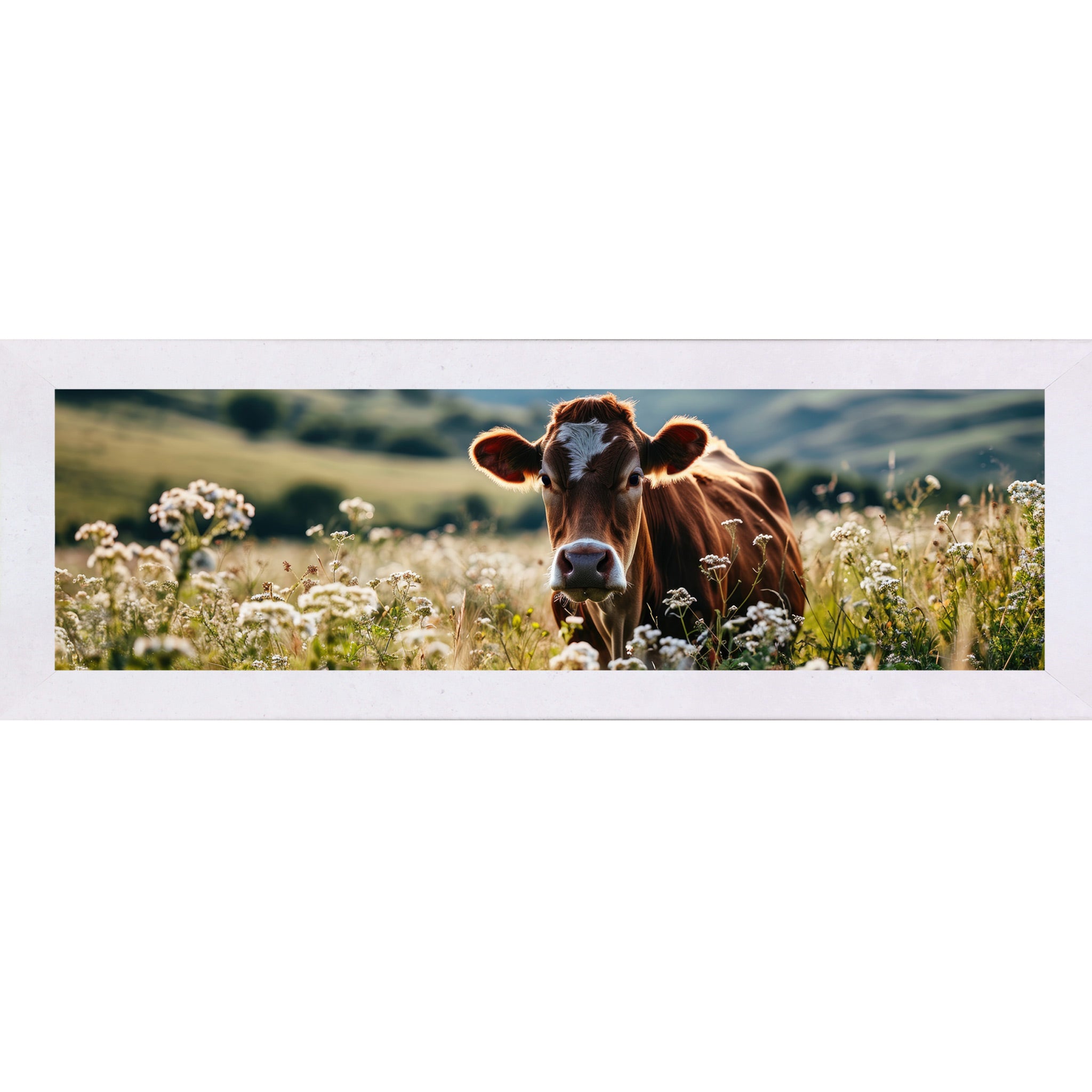Terracotta White framed wide panoramic farmhouse wall art featuring a Jersey cow surrounded by white wildflowers in a sunny meadow with rolling green hills in the background