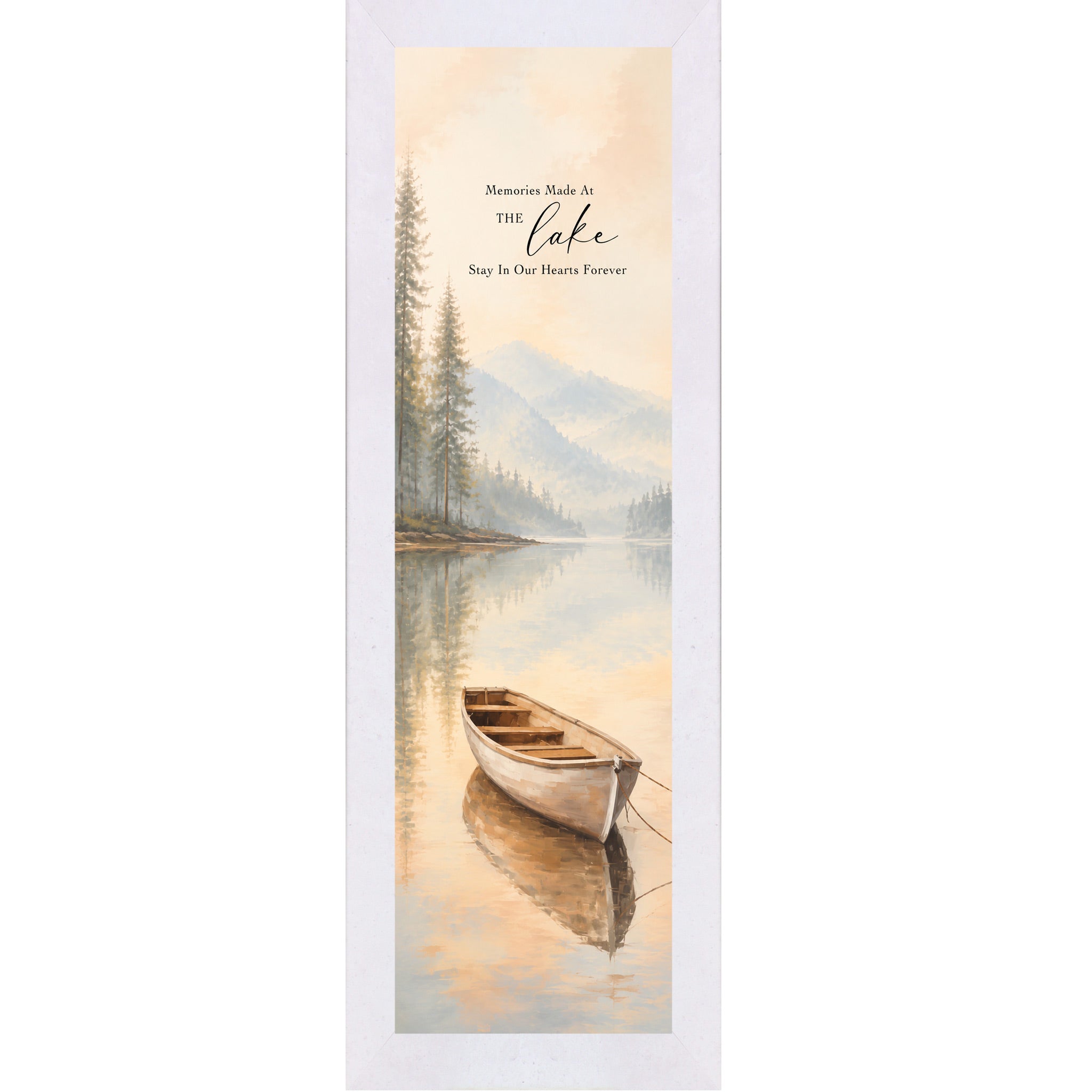 Terracotta White framed narrow portrait lake house wall art featuring a watercolor rowboat on misty reflective water with pine trees and mountain backdrop with the words Memories Made At The Lake Stay In Our Hearts Forever