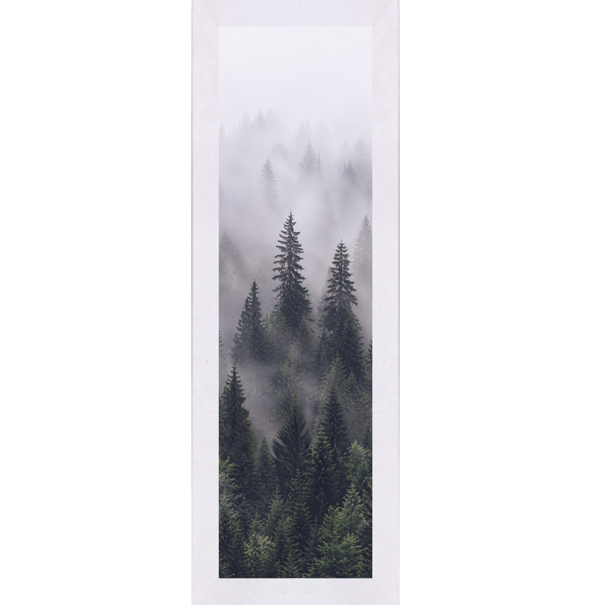 Terracotta White framed narrow portrait nature wall art featuring two sentinel pine trees rising through rolling mountain fog with dense green canopy below fading into pale misty white above