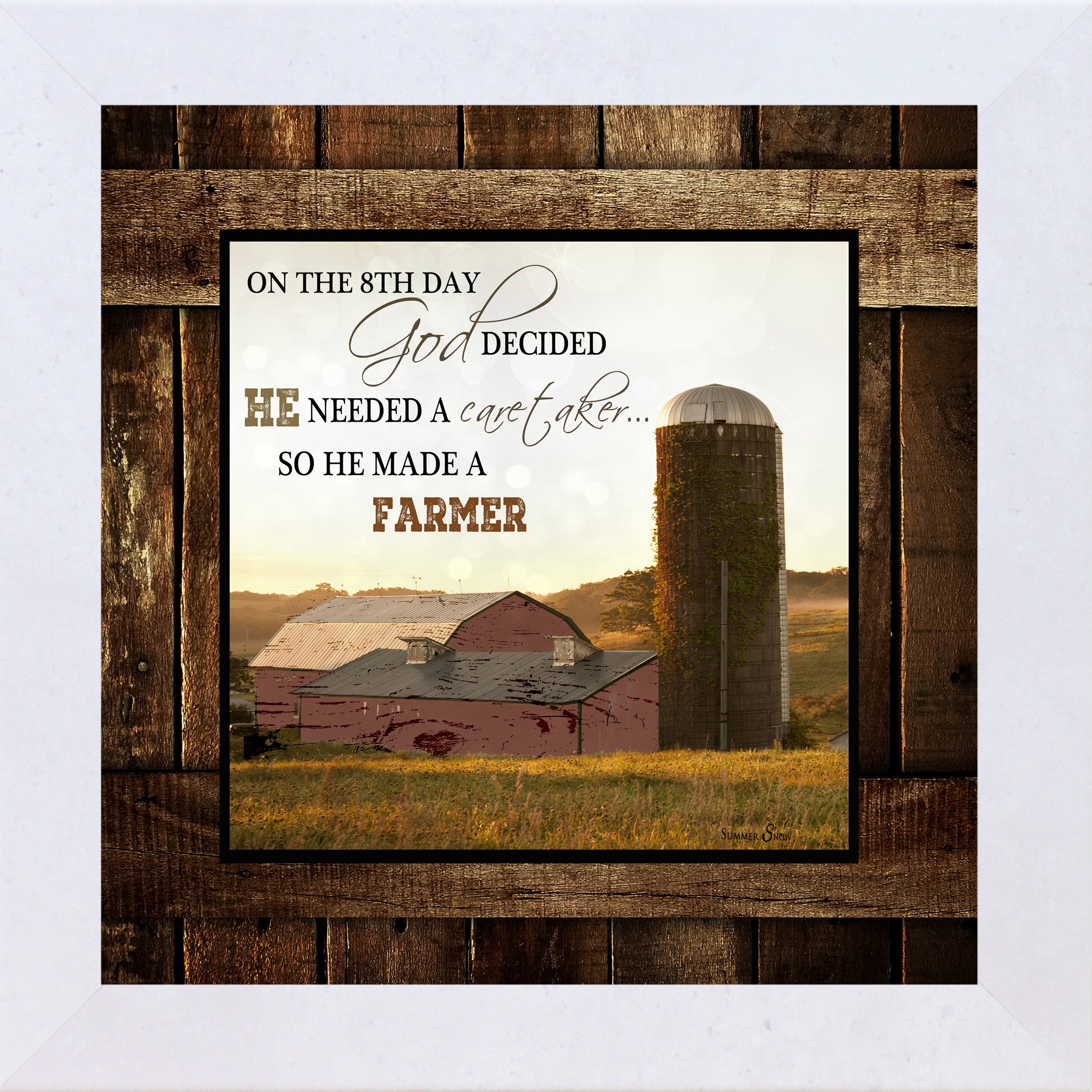 Terracotta White framed square farmhouse wall art with On The 8th Day God Made A Farmer quote over red barn and ivy silo at golden sunrise on rustic barn wood background