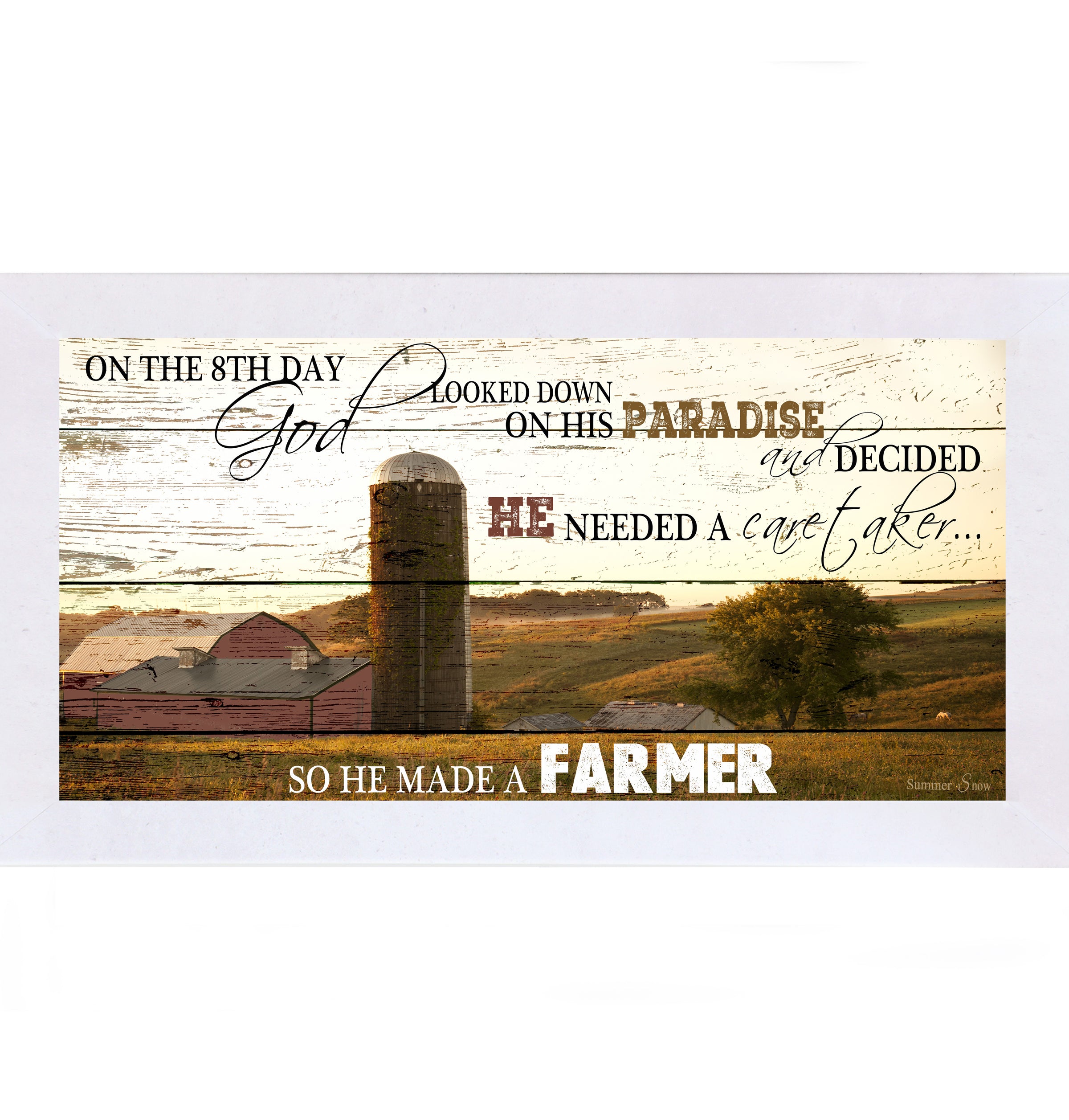 Terracotta White framed wide panoramic farmhouse wall art featuring a red barn and silo on pallet wood background with the full quote On The 8th Day God Looked Down On His Paradise And Decided He Needed A Caretaker So He Made A Farmer