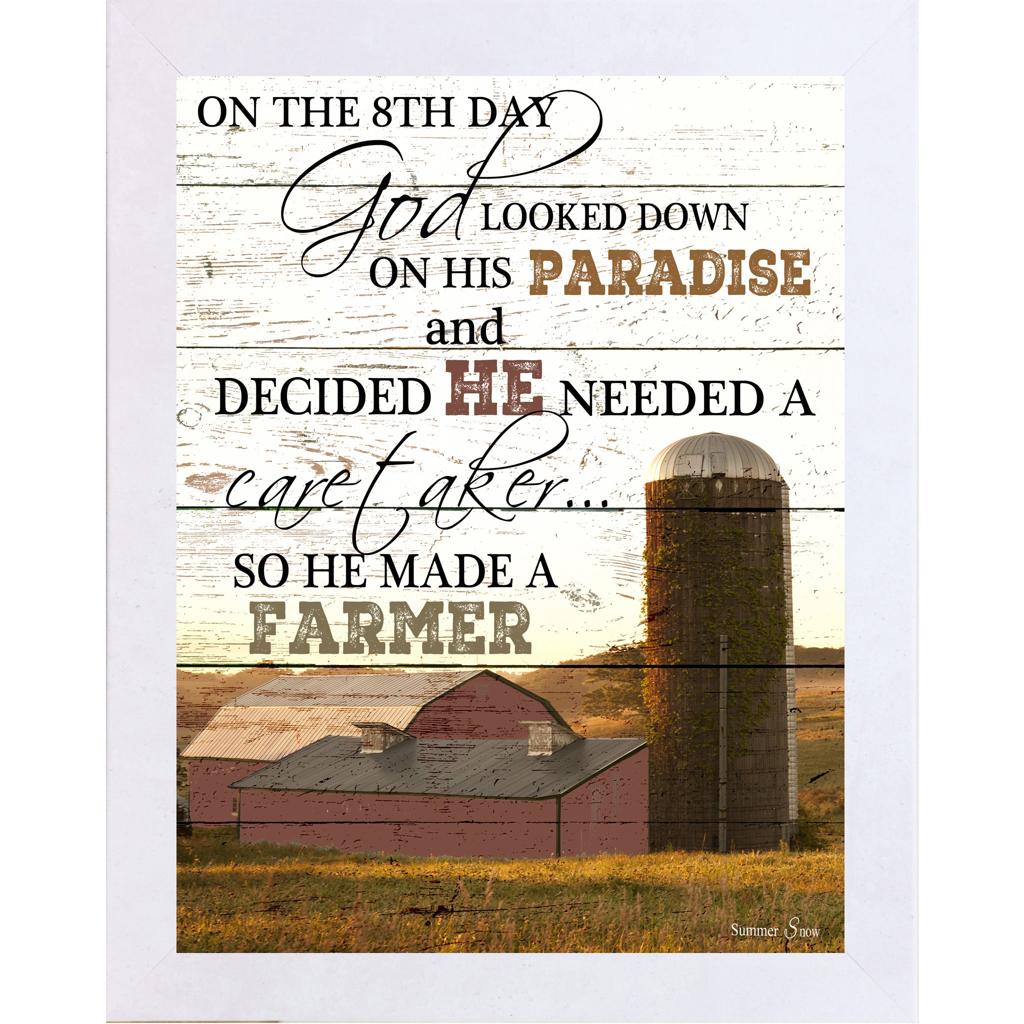 Terracotta White framed portrait farmhouse wall art with full On The 8th Day God Made A Farmer quote in bold mixed typography over red barn and ivy silo photograph on rustic pallet wood background