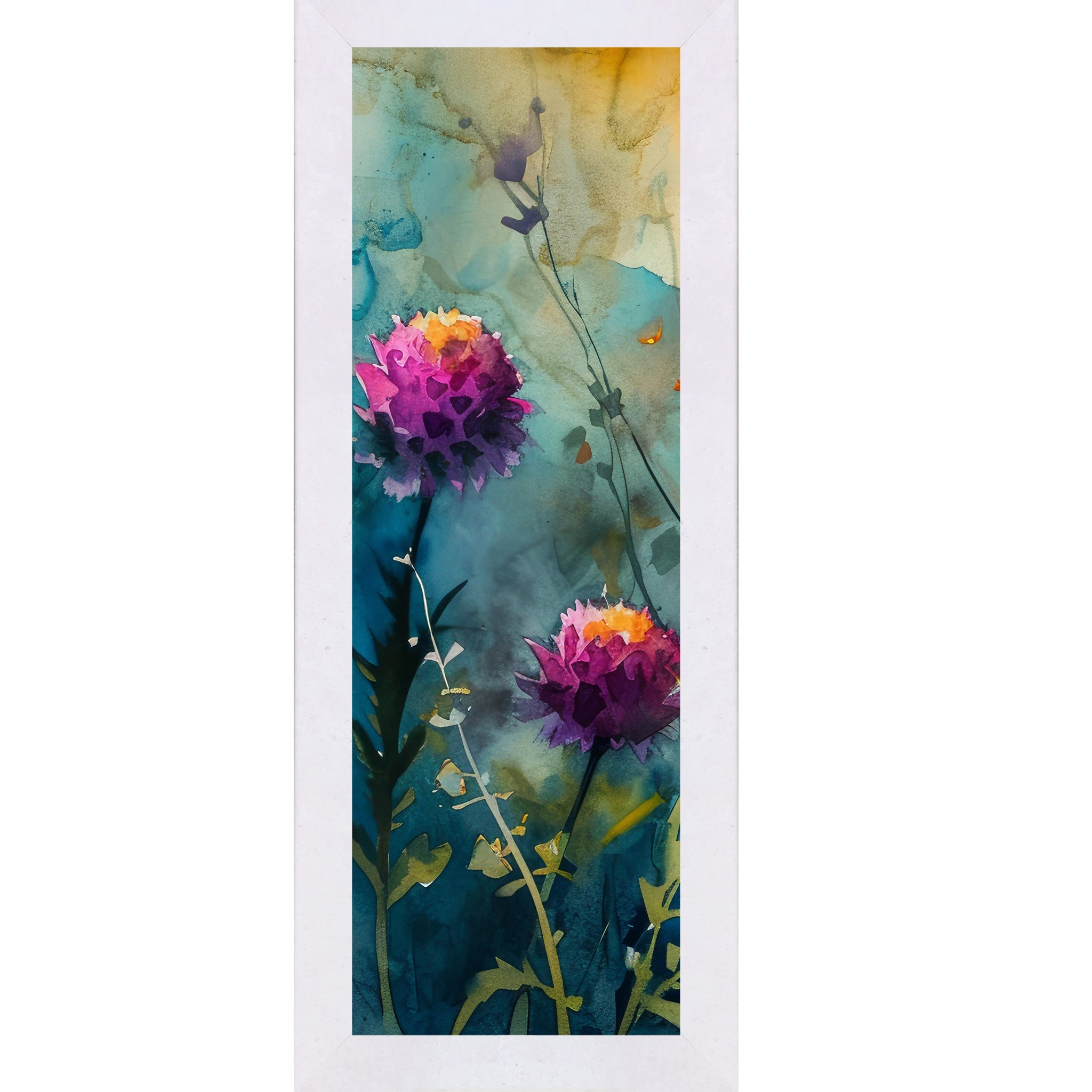 Terracotta White framed narrow portrait watercolor wildflower wall art with two bold purple-magenta blooms against a deep teal and gold background