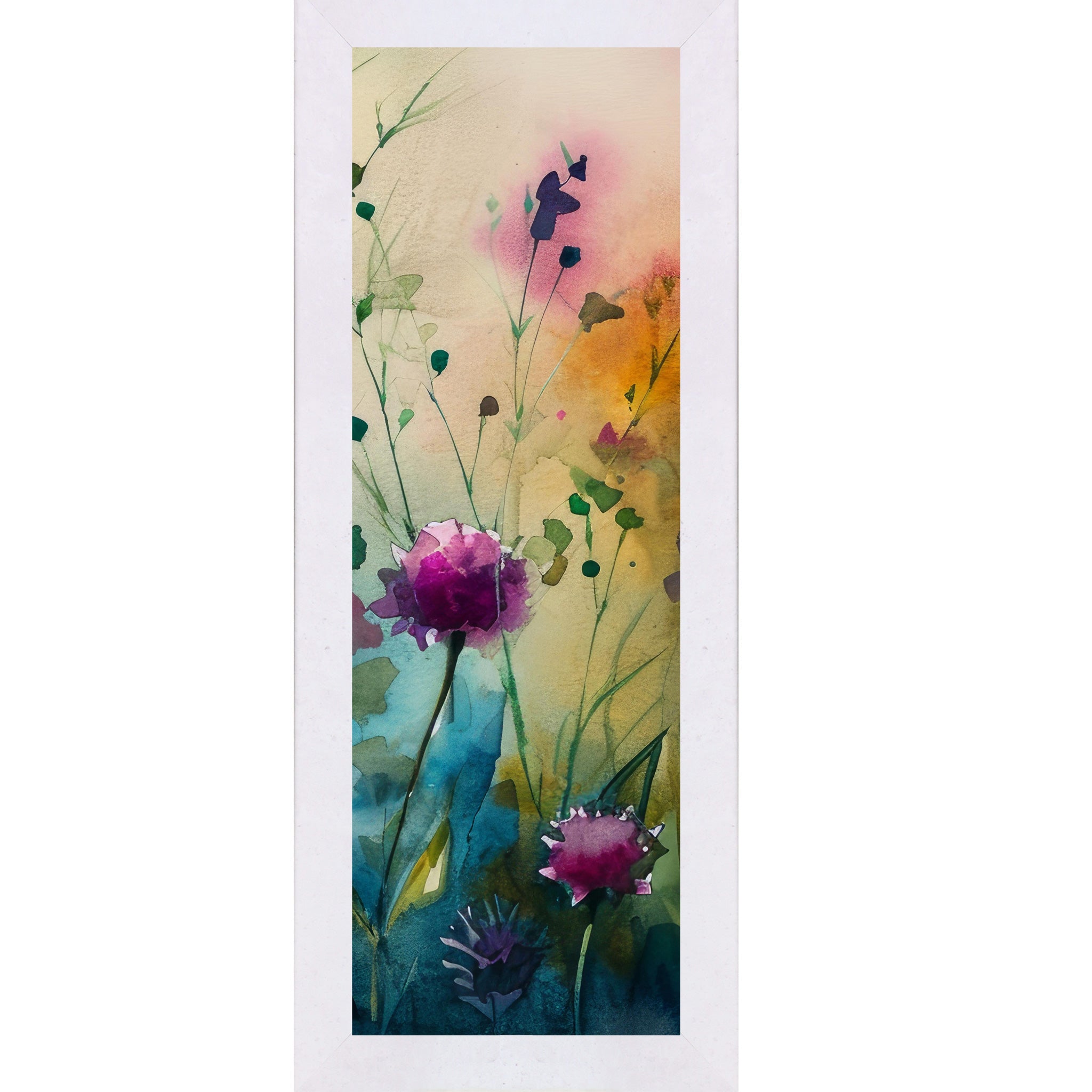 Terracotta White framed narrow portrait watercolor wildflower wall art with magenta peonies rising from a teal garden base against a warm peach and pink background