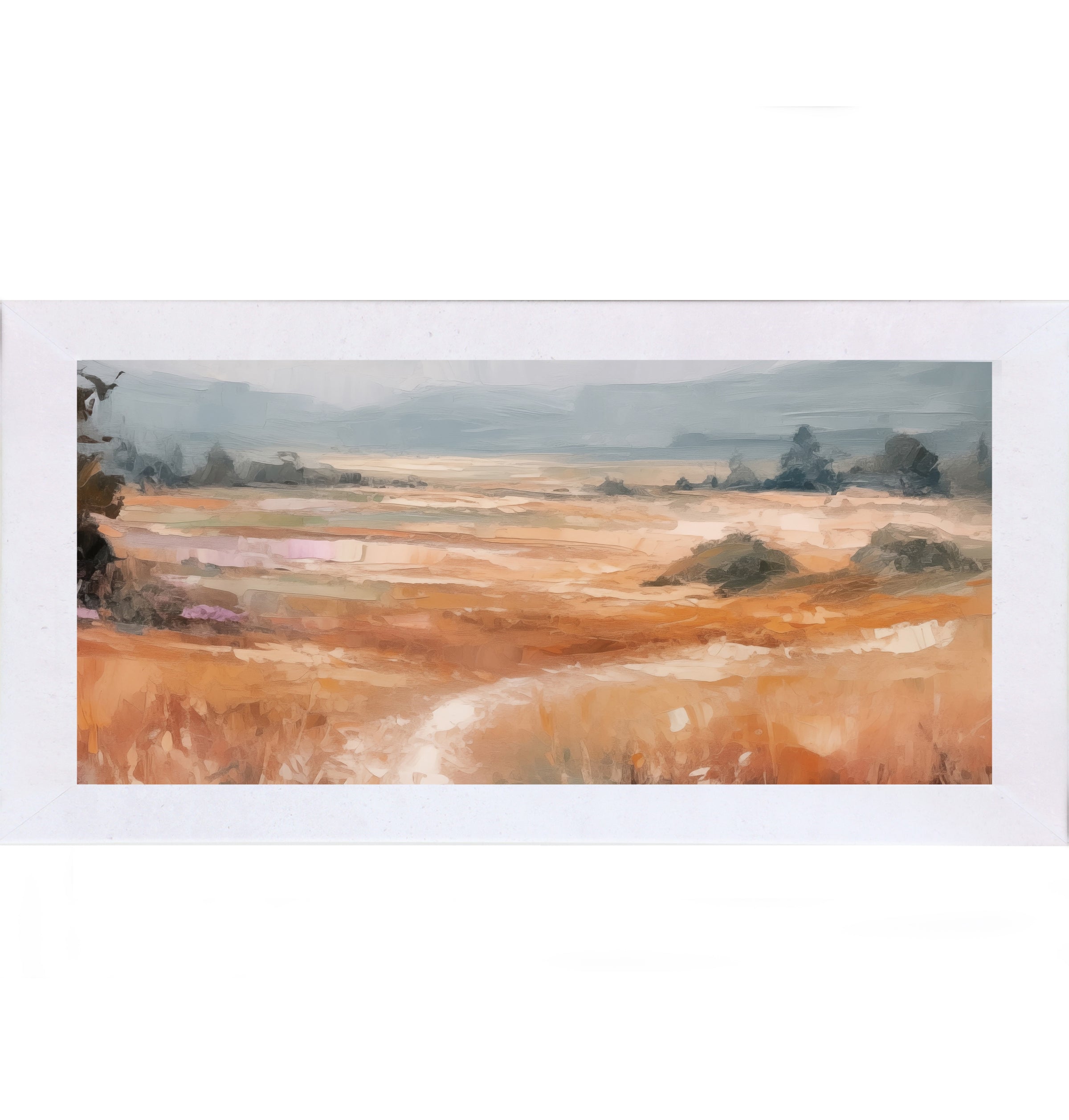 Terracotta White framed wide landscape abstract terracotta wall art showing full panoramic scene with warm amber orange field dark trees left edge soft peach midground and dramatic blue-grey sky with bold expressive brushwork