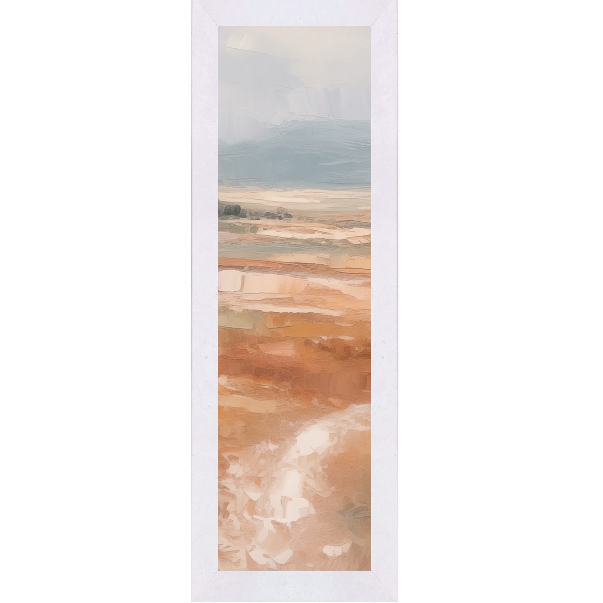 Terracotta White framed narrow portrait abstract terracotta landscape wall art with soft peach and blush field pale lavender sky and single tree on right edge