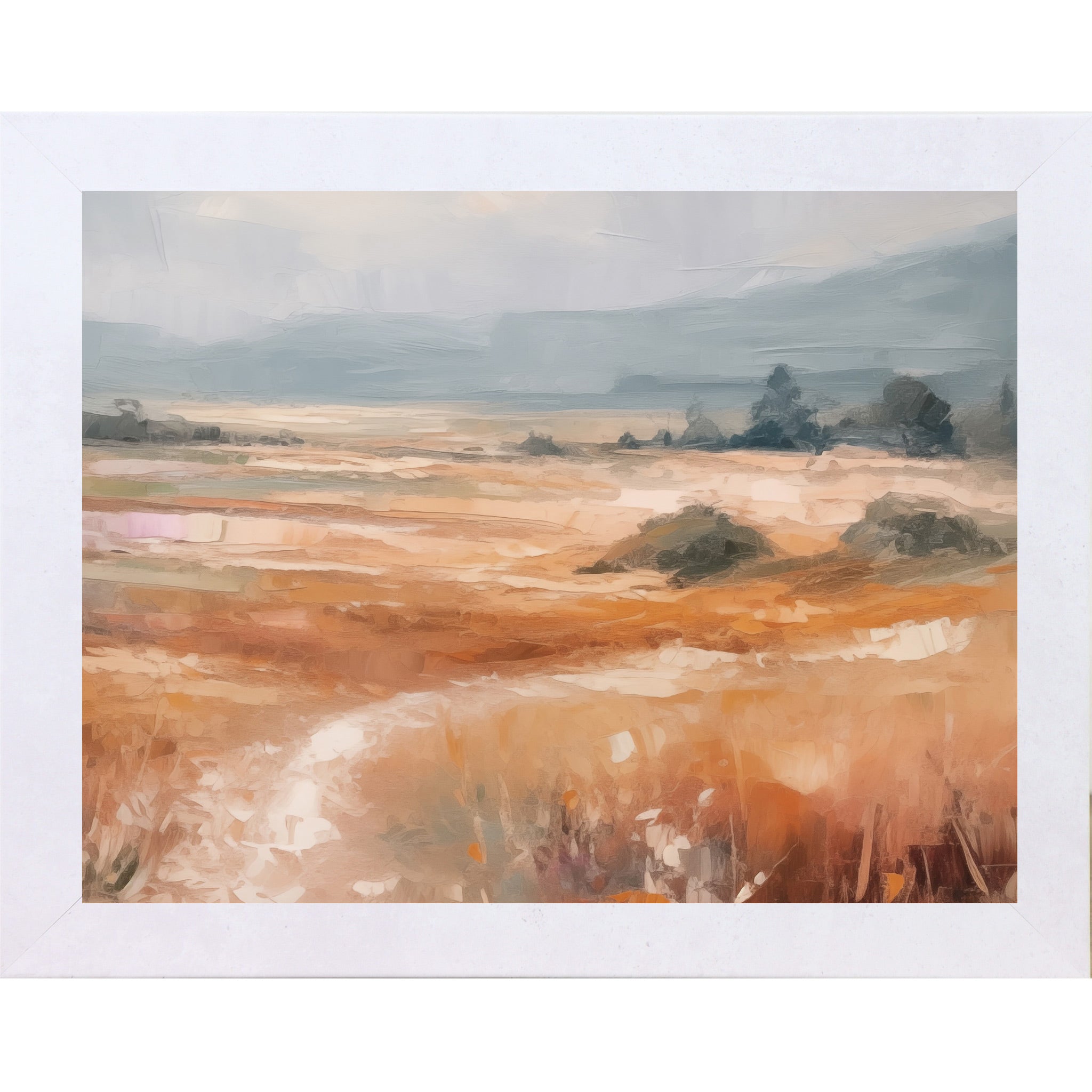 Terracotta White framed landscape abstract terracotta wall art with warm amber and orange field dark trees in midground and dramatic blue-grey sky with bold expressive brushwork