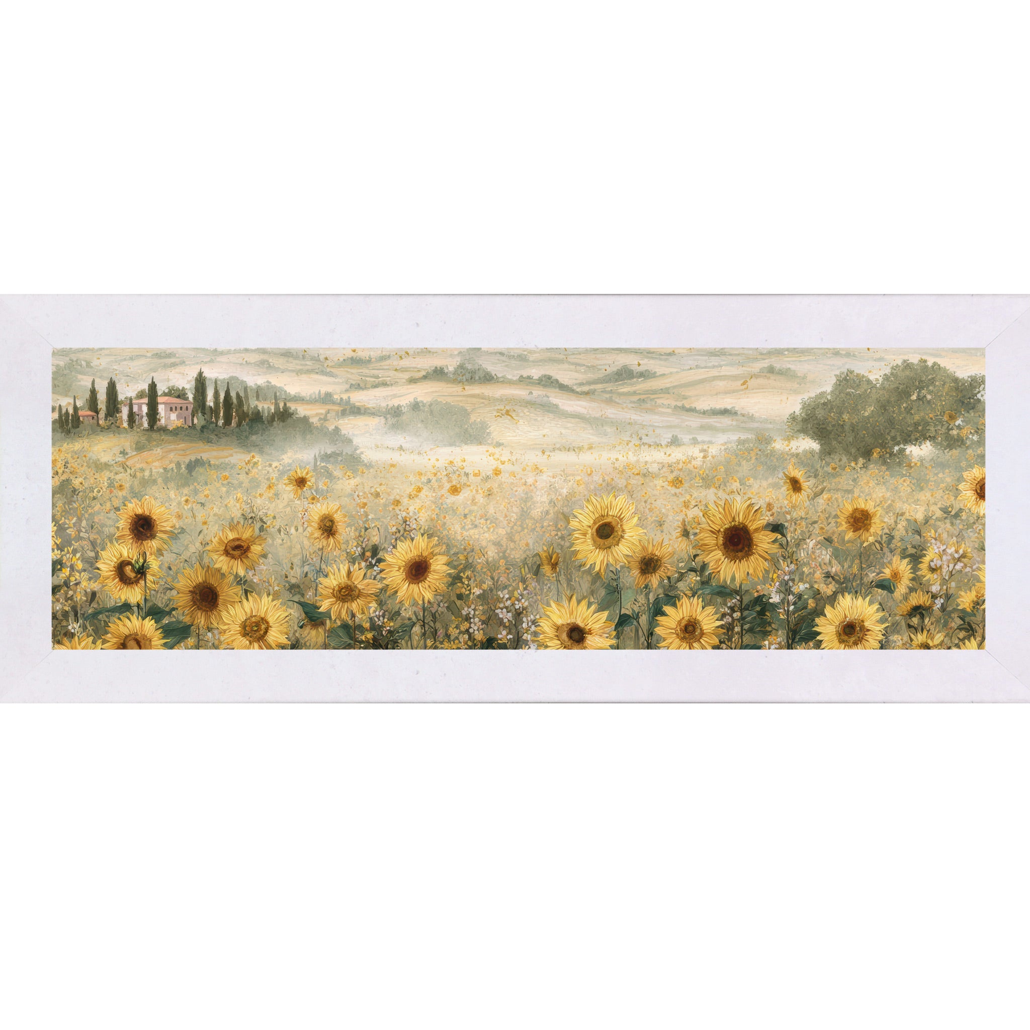 Terracotta White framed wide landscape Tuscan sunflower wall art featuring golden sunflowers in the foreground with rolling Italian hills, cypress trees, a terracotta villa, and soft misty countryside in the distance