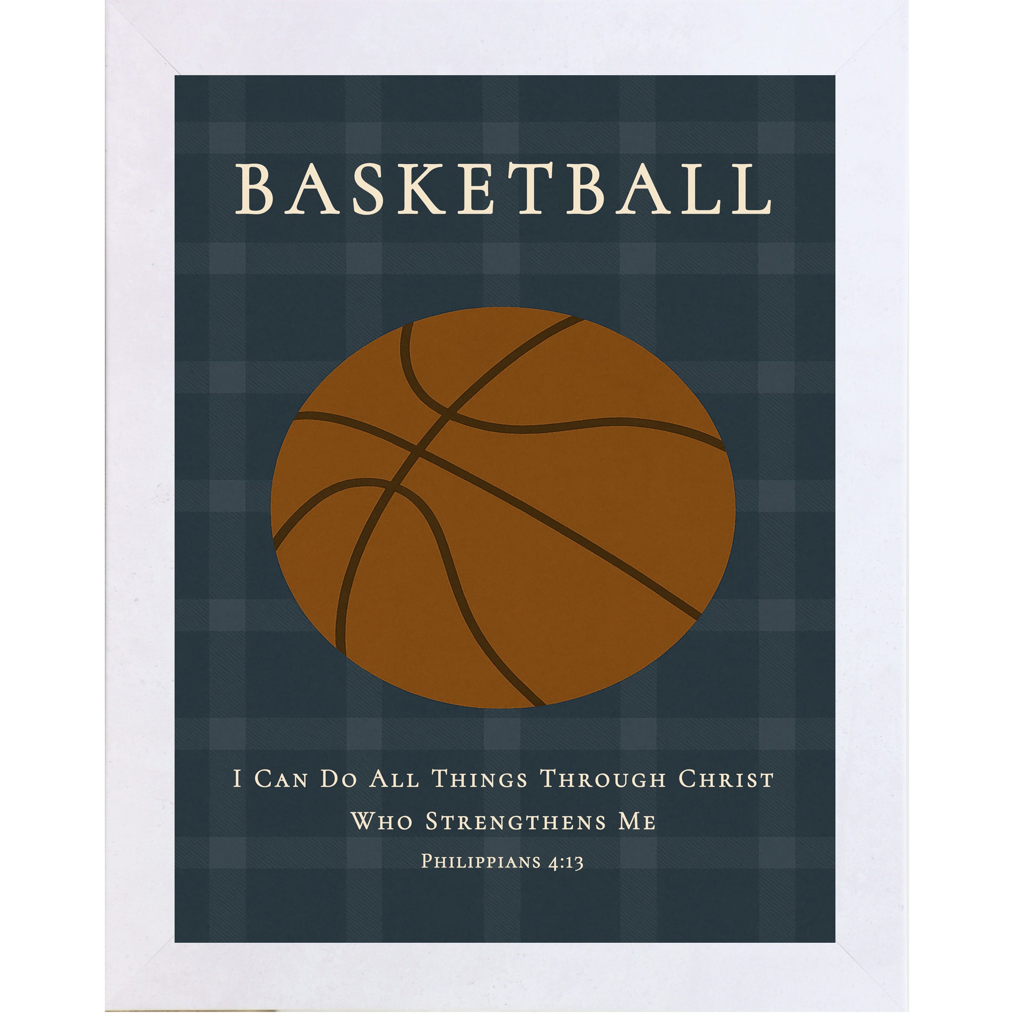 Terracotta White colored frame of Christian basketball wall art featuring a basketball illustration with the Bible verse Philippians 4:13 on a blue plaid background.