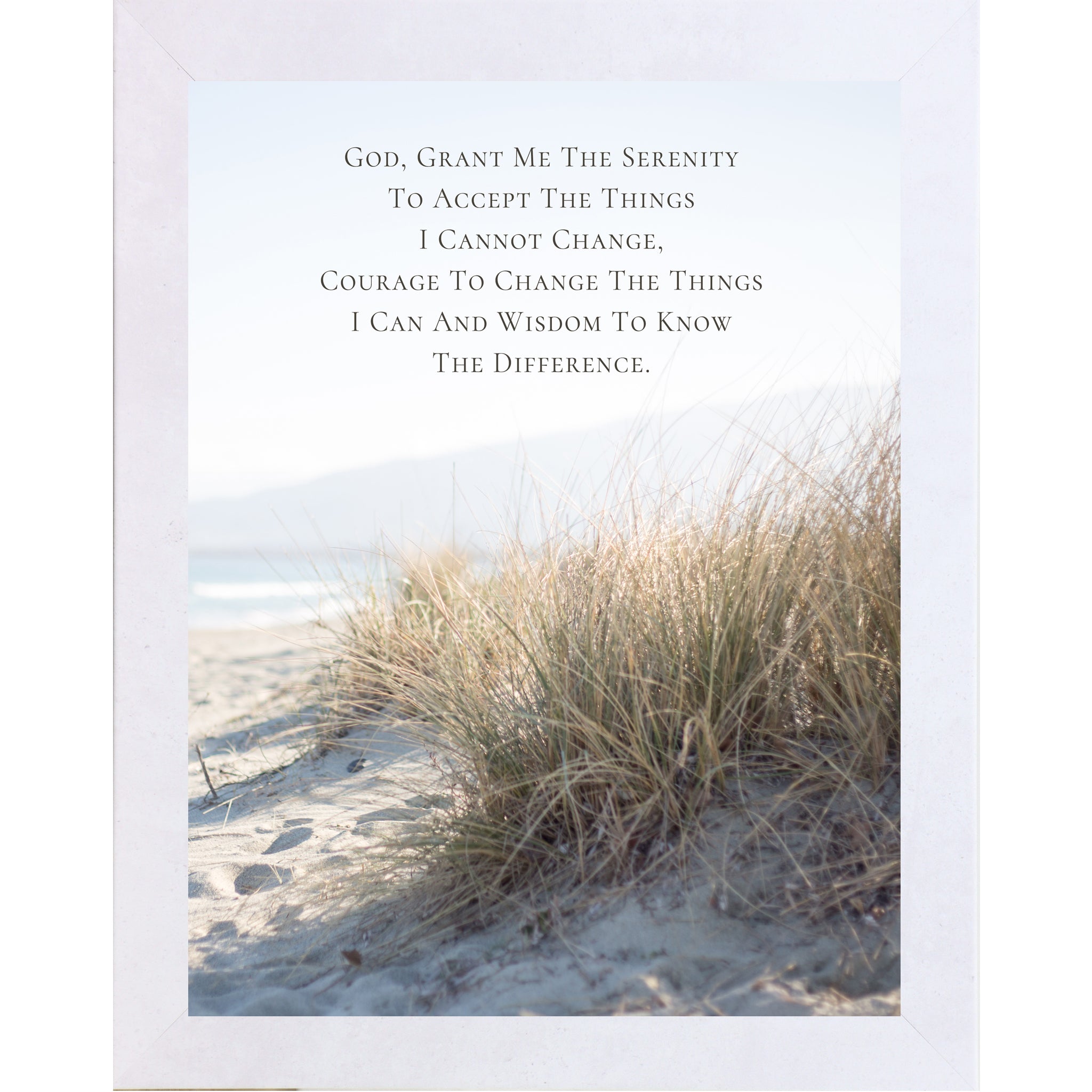 Terracotta white framed portrait Serenity Prayer wall art with coastal beach dune grass photography ocean view and misty hills — Christian scripture faith decor