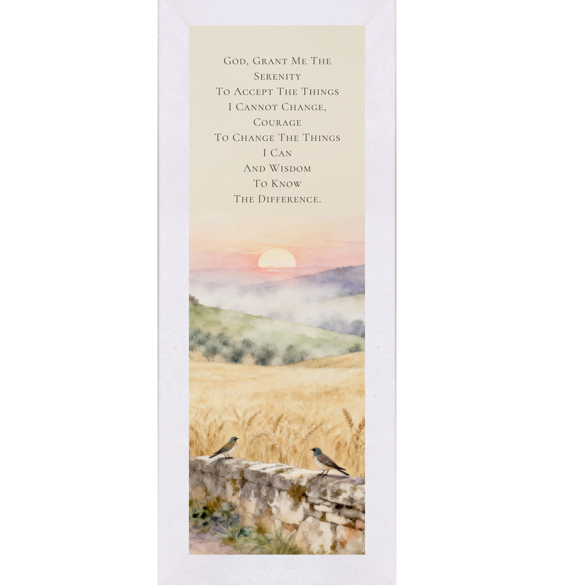 Terracotta white framed narrow portrait Serenity Prayer wall art with Tuscan sunrise watercolor landscape two bluebirds on stone wall and golden wheat fields — Italian Christian scripture decor