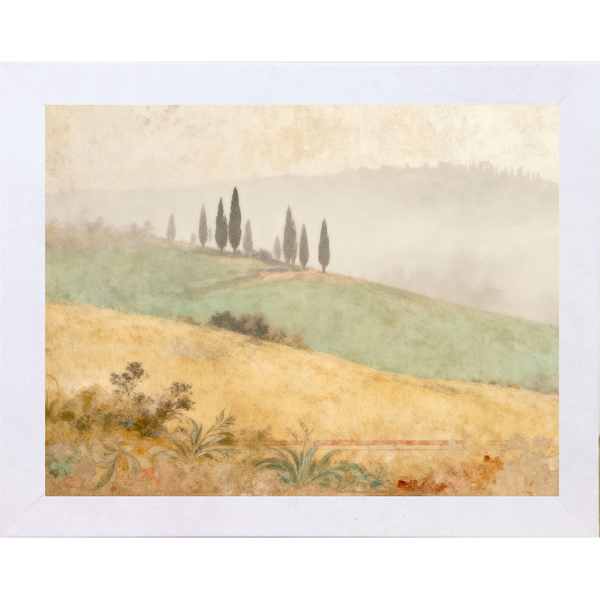 Terracotta white framed landscape Tuscan wall art with misty cypress trees on rolling golden wheat fields and distressed fresco botanical border — Italian countryside watercolor decor