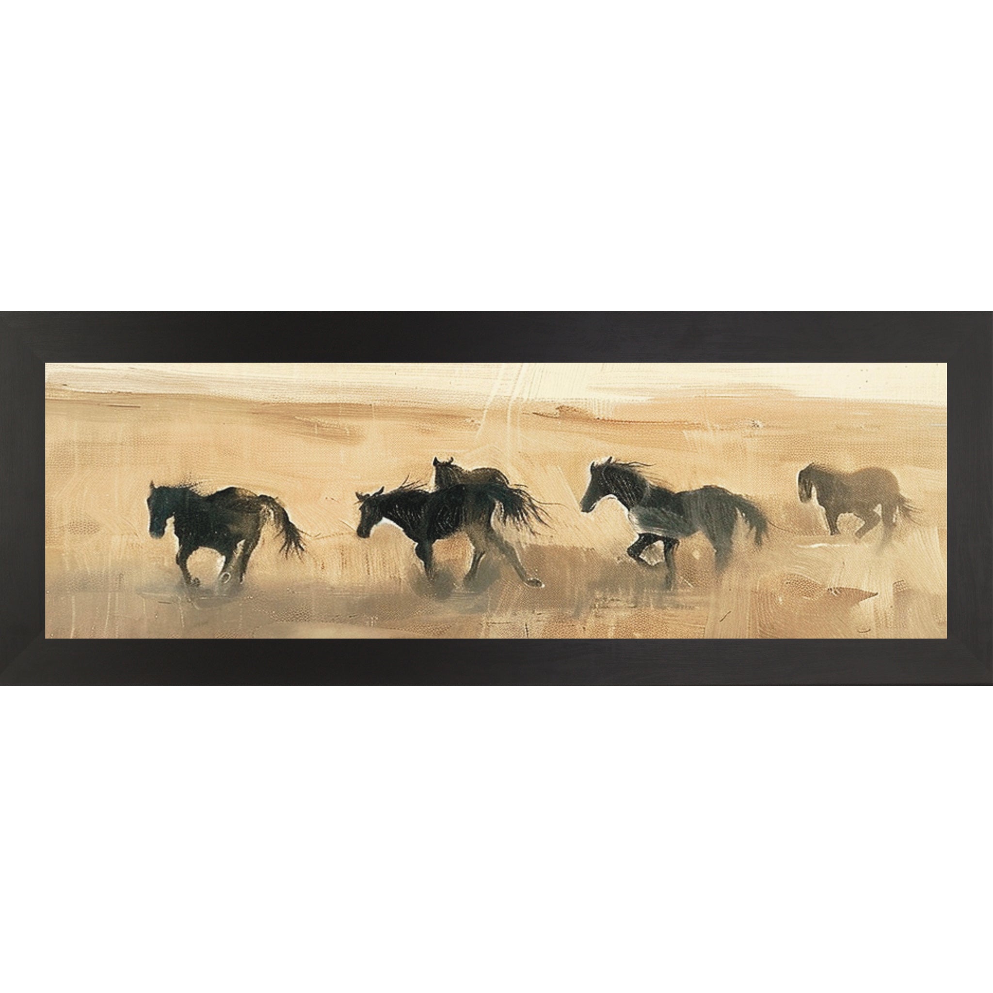 Wild horses running across a warm neutral landscape at sunset in a wide panoramic framed wall art design