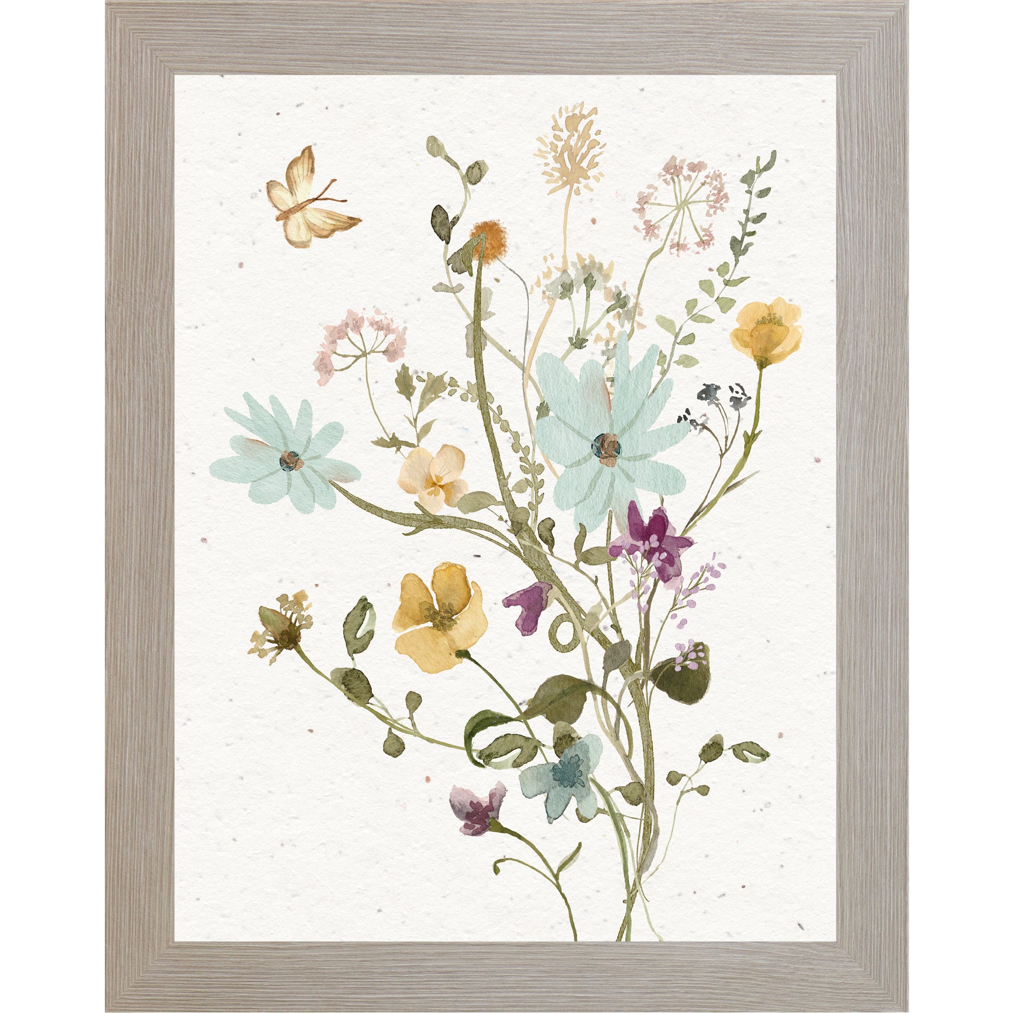 Vertical wildflower bouquet wall art with watercolor florals and a soft yellow butterfly on a neutral textured background.
