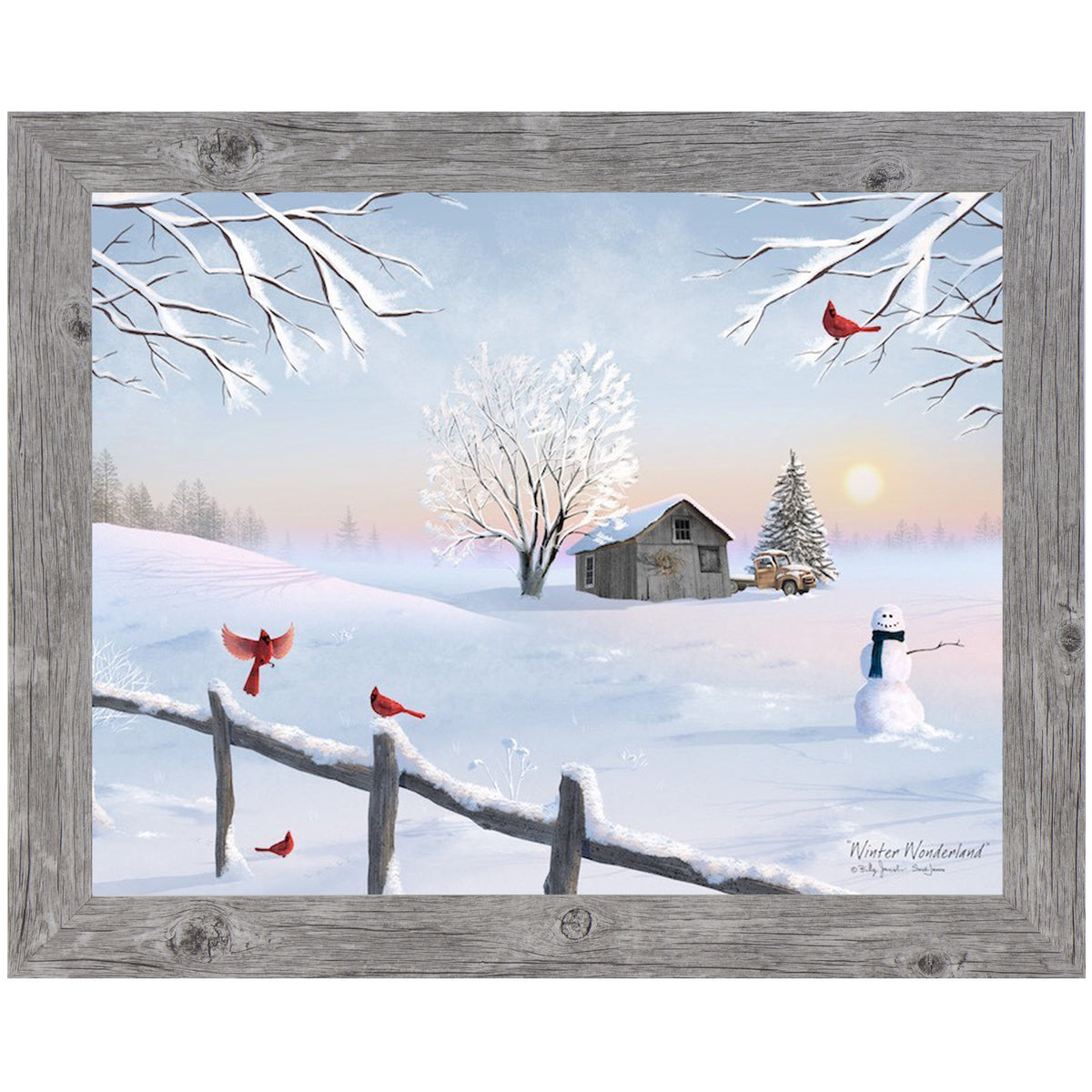 Framed rustic winter barn scene inspired by Billy Jacobs with hand-glittered accents