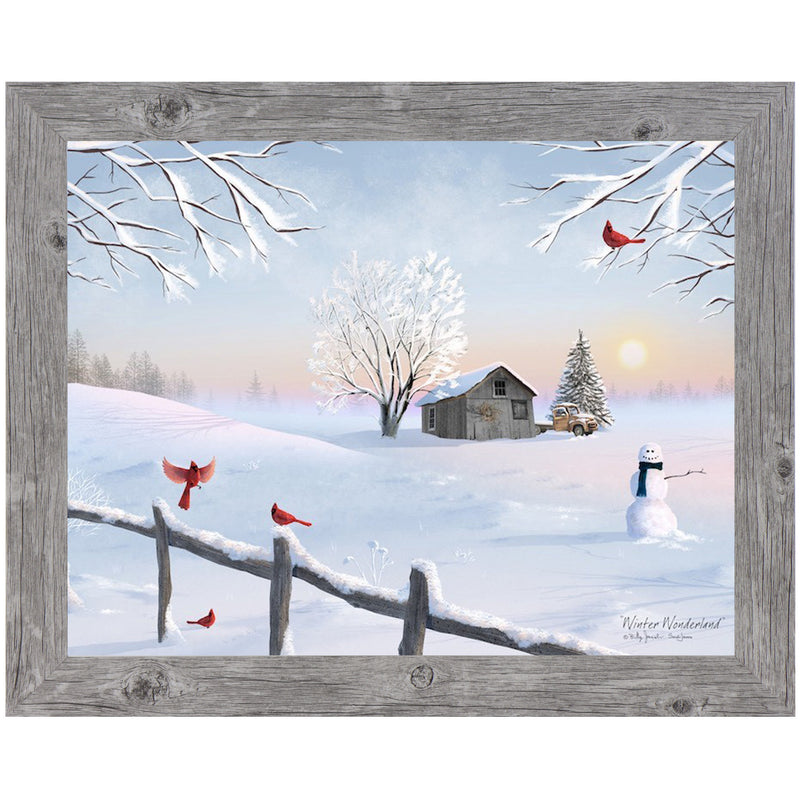 Framed rustic winter barn scene inspired by Billy Jacobs with hand-glittered accents