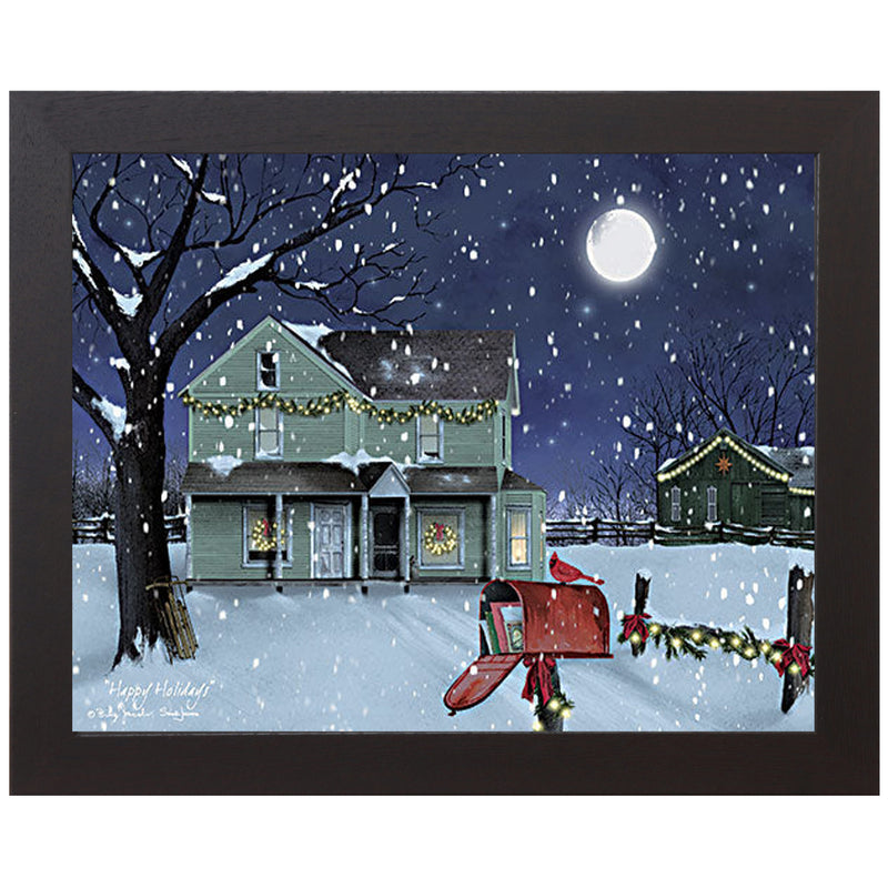 Framed winter wall art of a snowy farmhouse and barn by Billy Jacobs. Features cardinal on mailbox, sled, and full moon — classic holiday country scene.